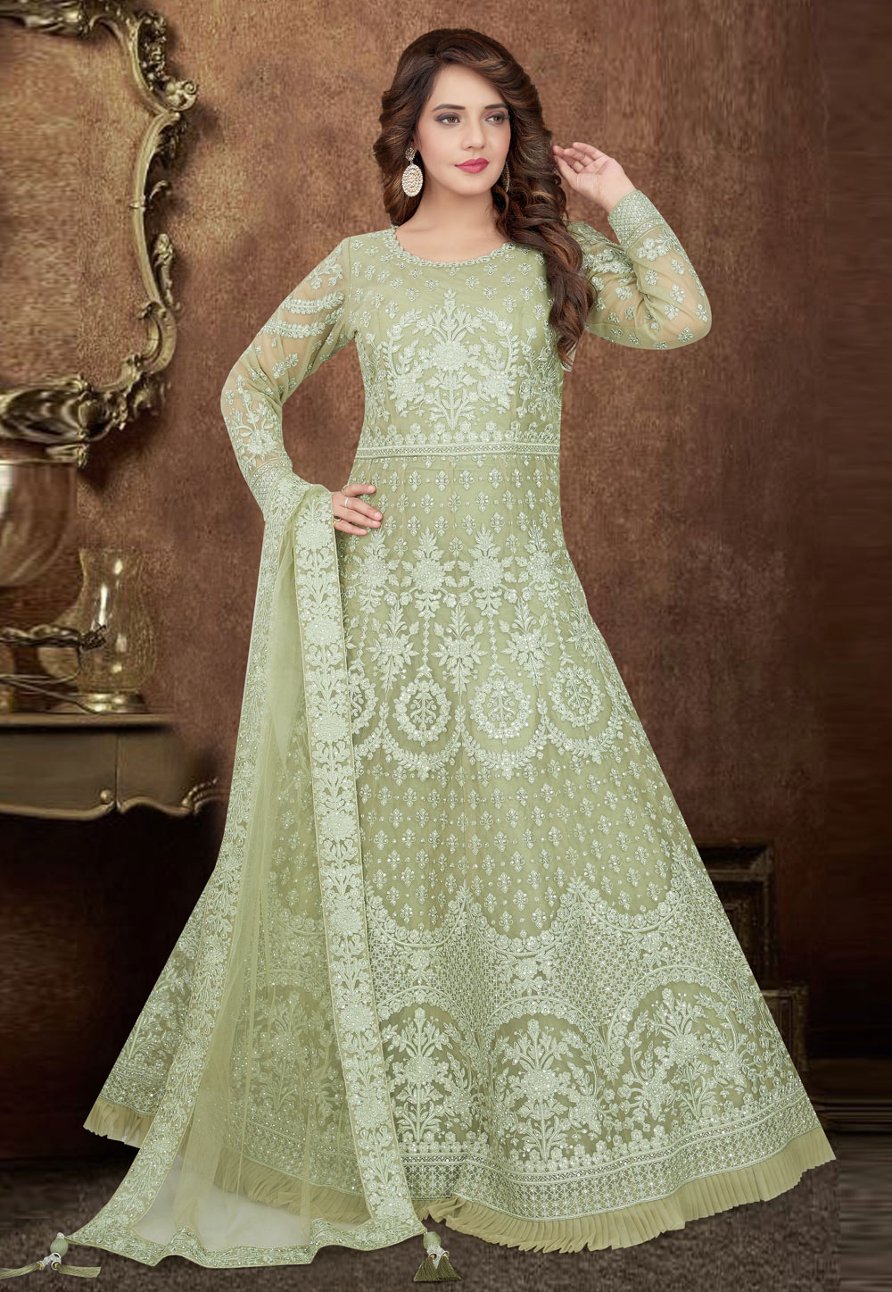 Light Green Net Readymade Abaya Style Anarkali Suit 208359