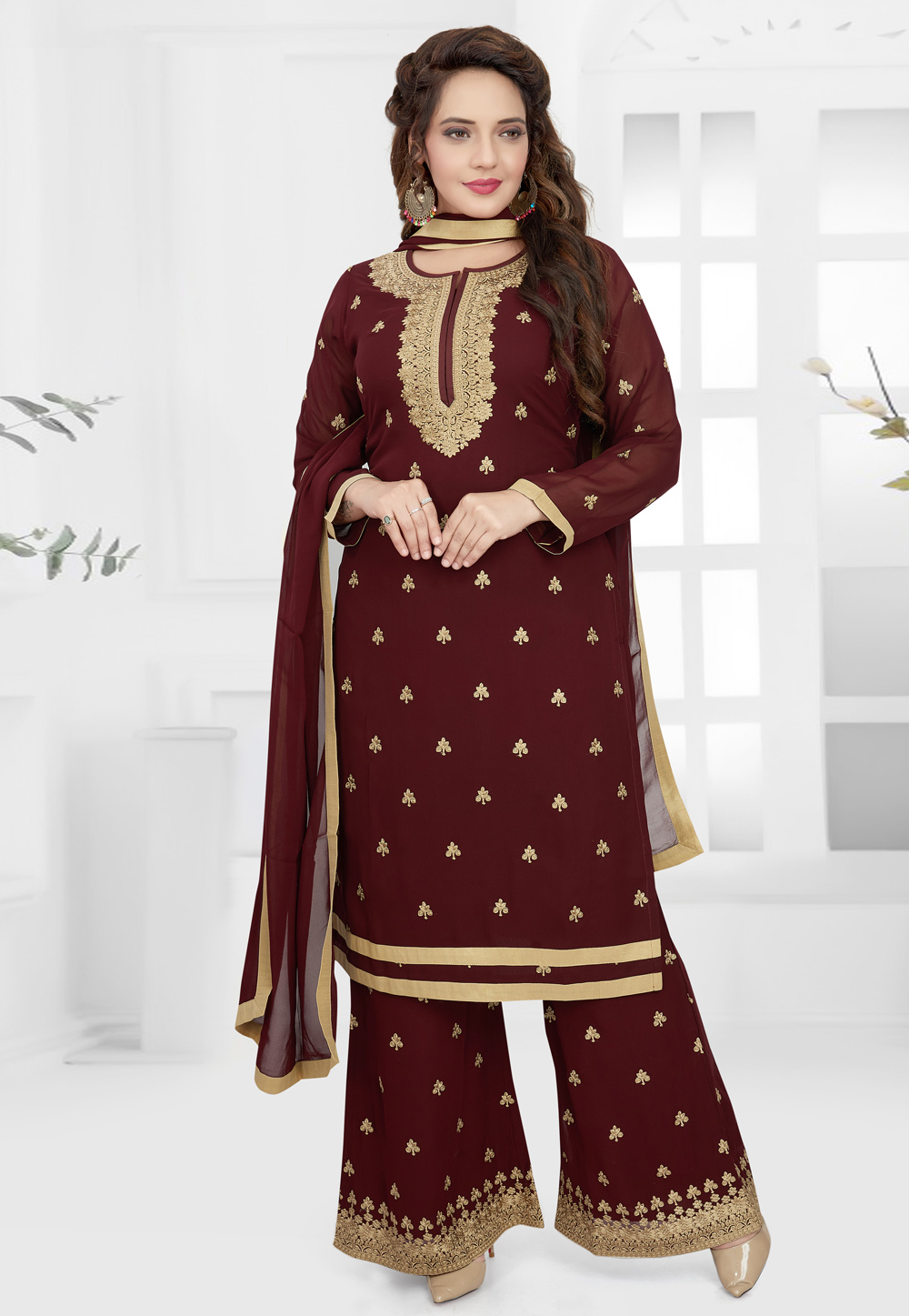 Maroon Georgette Readymade Palazzo Suit 208360
