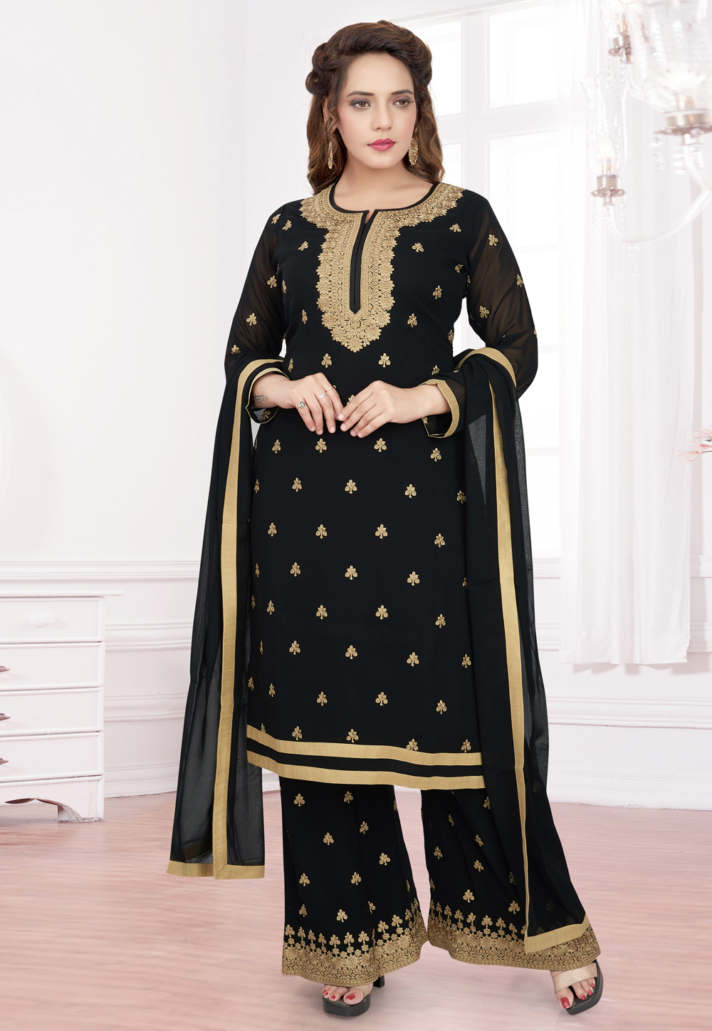 Black Georgette Readymade Kameez With Palazzo 208774