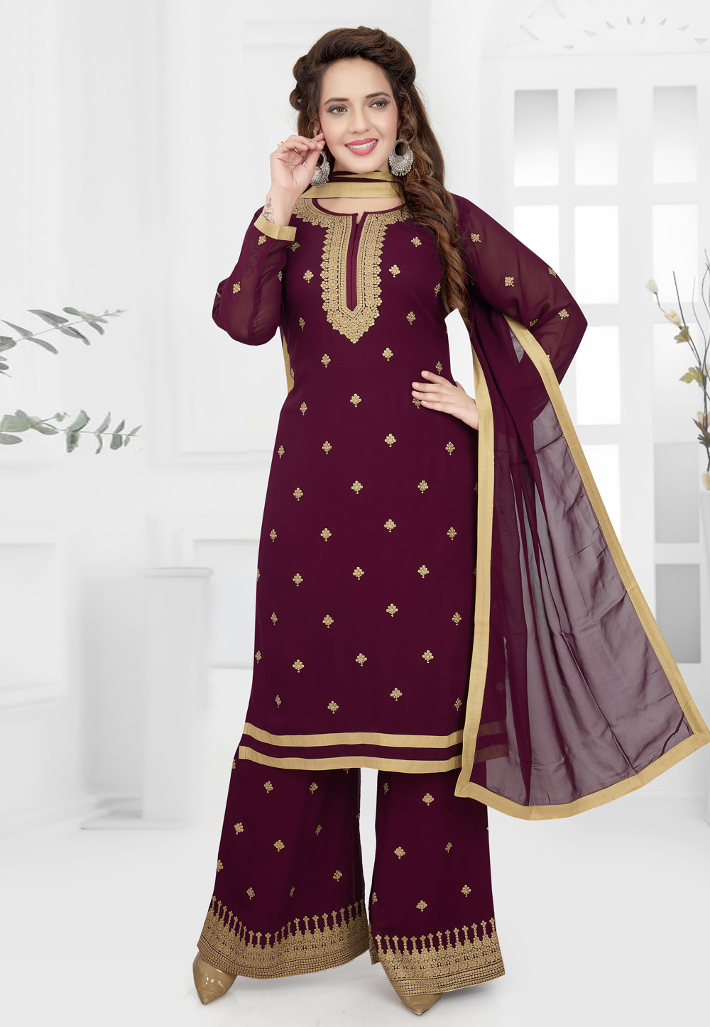 Purple Georgette Readymade Palazzo Suit 208361