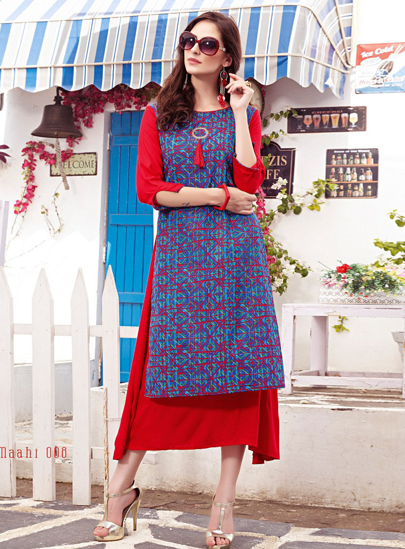 Red Cotton Readymade Long Kurti 140738