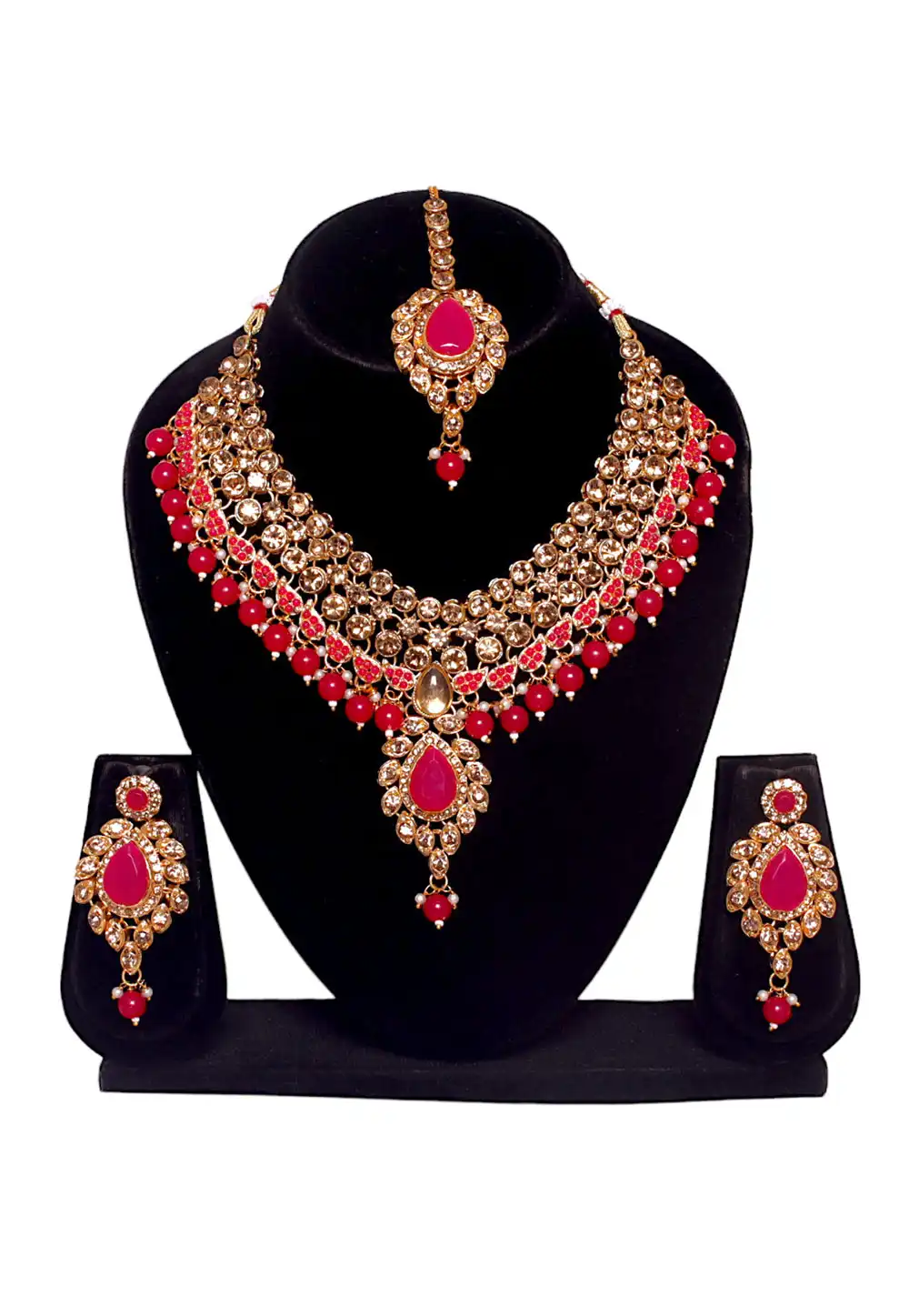 Magenta Alloy Austrian Diamonds and Kundan Necklace Set With Earrings and Maang Tikka 292889