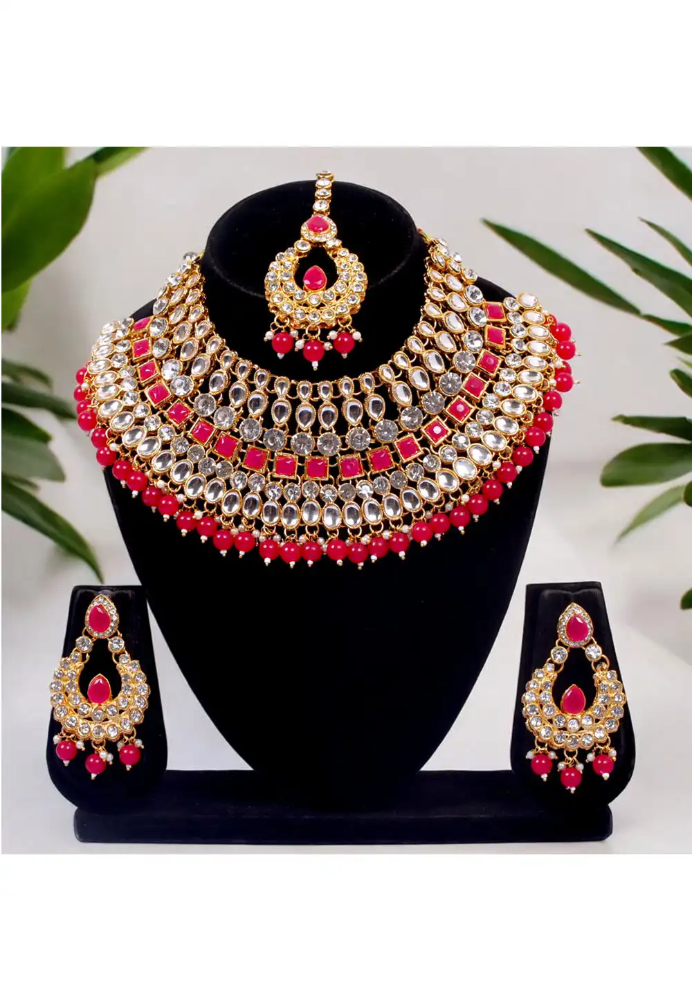 Magenta Alloy Austrian Diamonds and Kundan Necklace Set With Earrings and Maang Tikka 292919