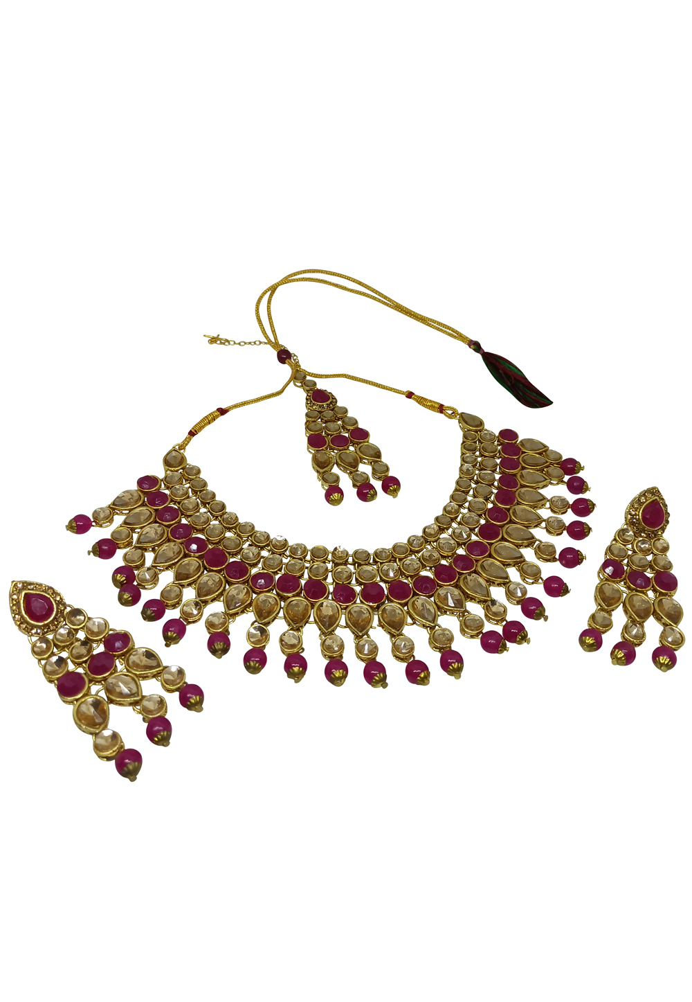 Magenta Alloy Austrian Diamonds and Kundan Necklace Set With Earrings and Maang Tikka 280124