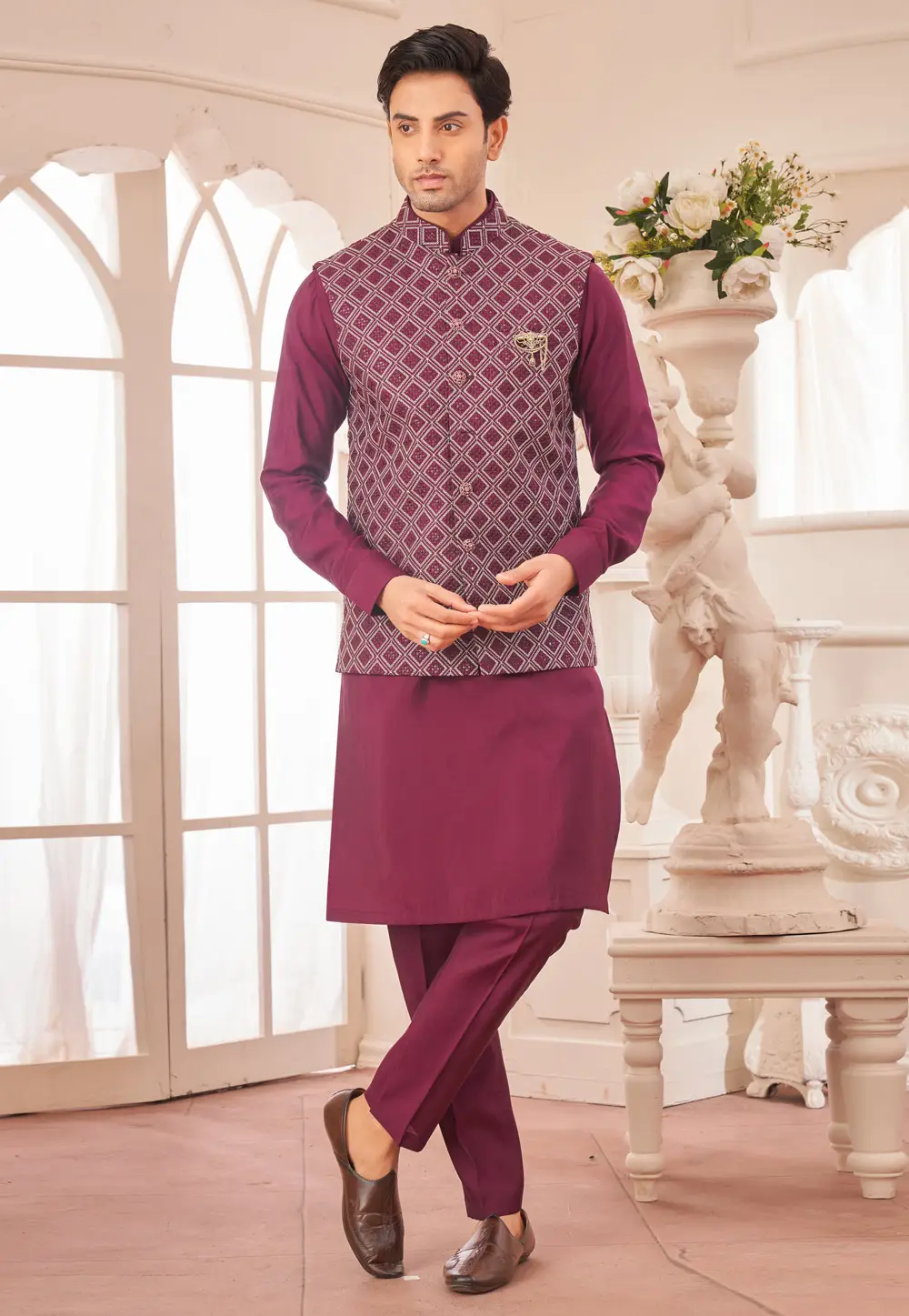 Magenta Art Silk Kurta Pajama With Jacket 296662