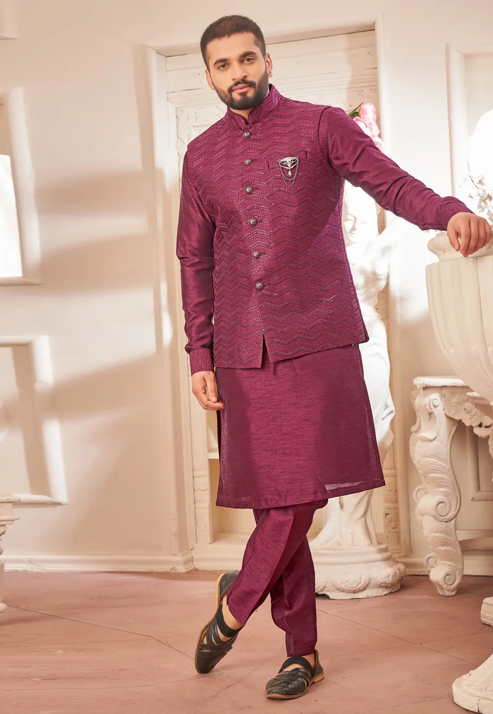 Magenta Art Silk Kurta Pajama With Jacket 296666