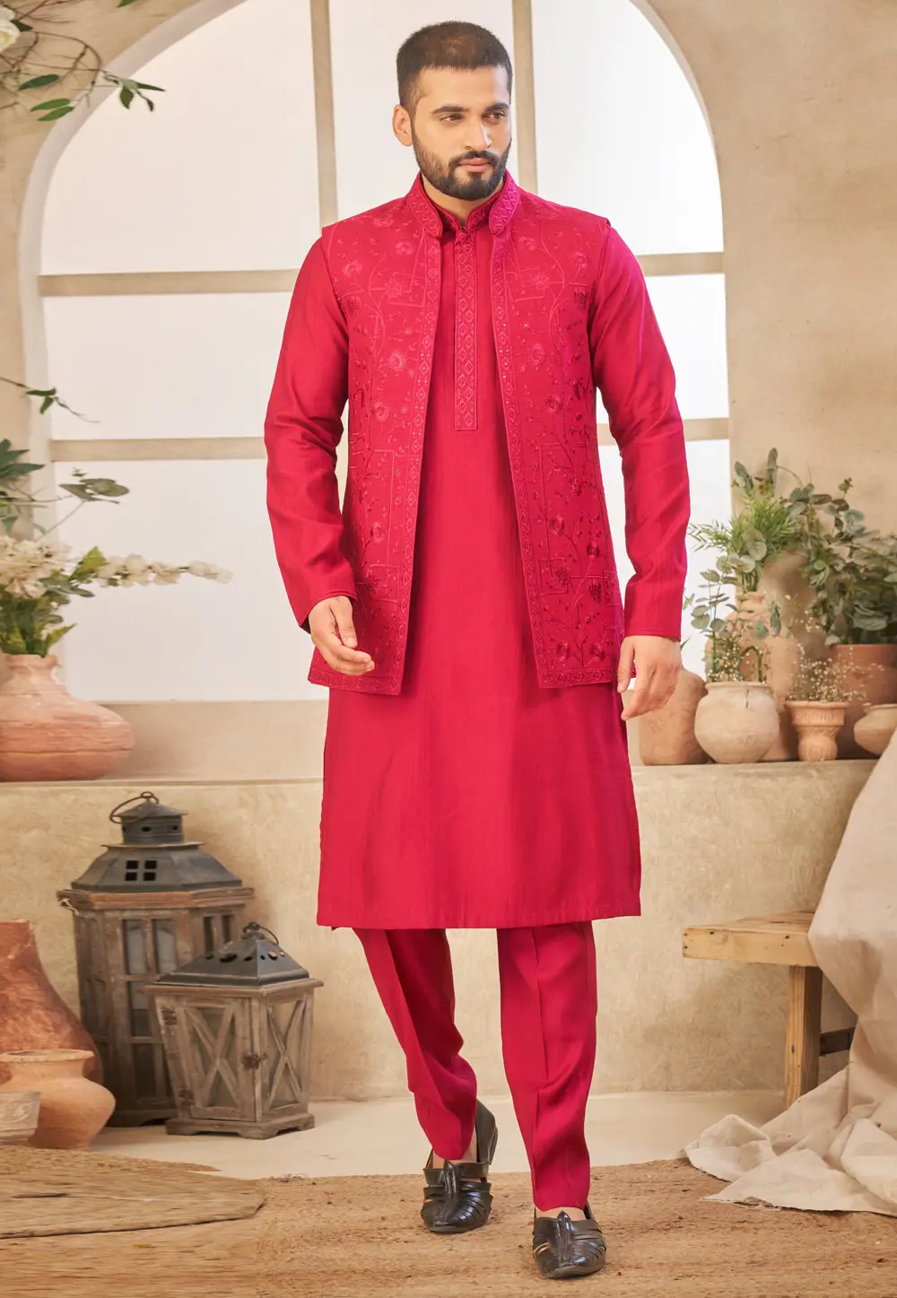 Magenta Art Silk Kurta Pajama With Jacket 296696