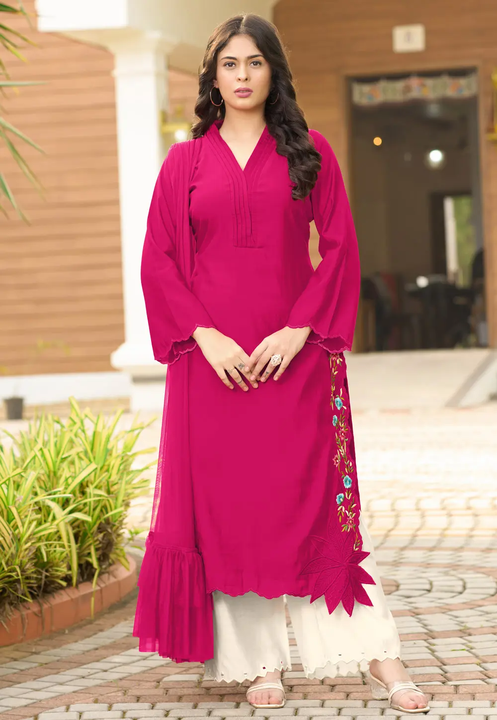 Magenta Art Silk Readymade Pakistani Suit 303323