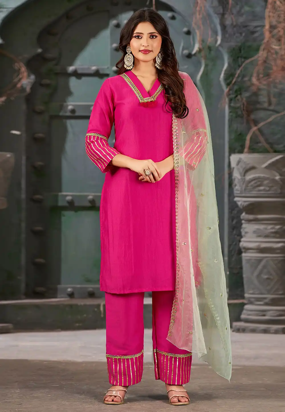 Magenta Art Silk Readymade Palazzo Suit 294188