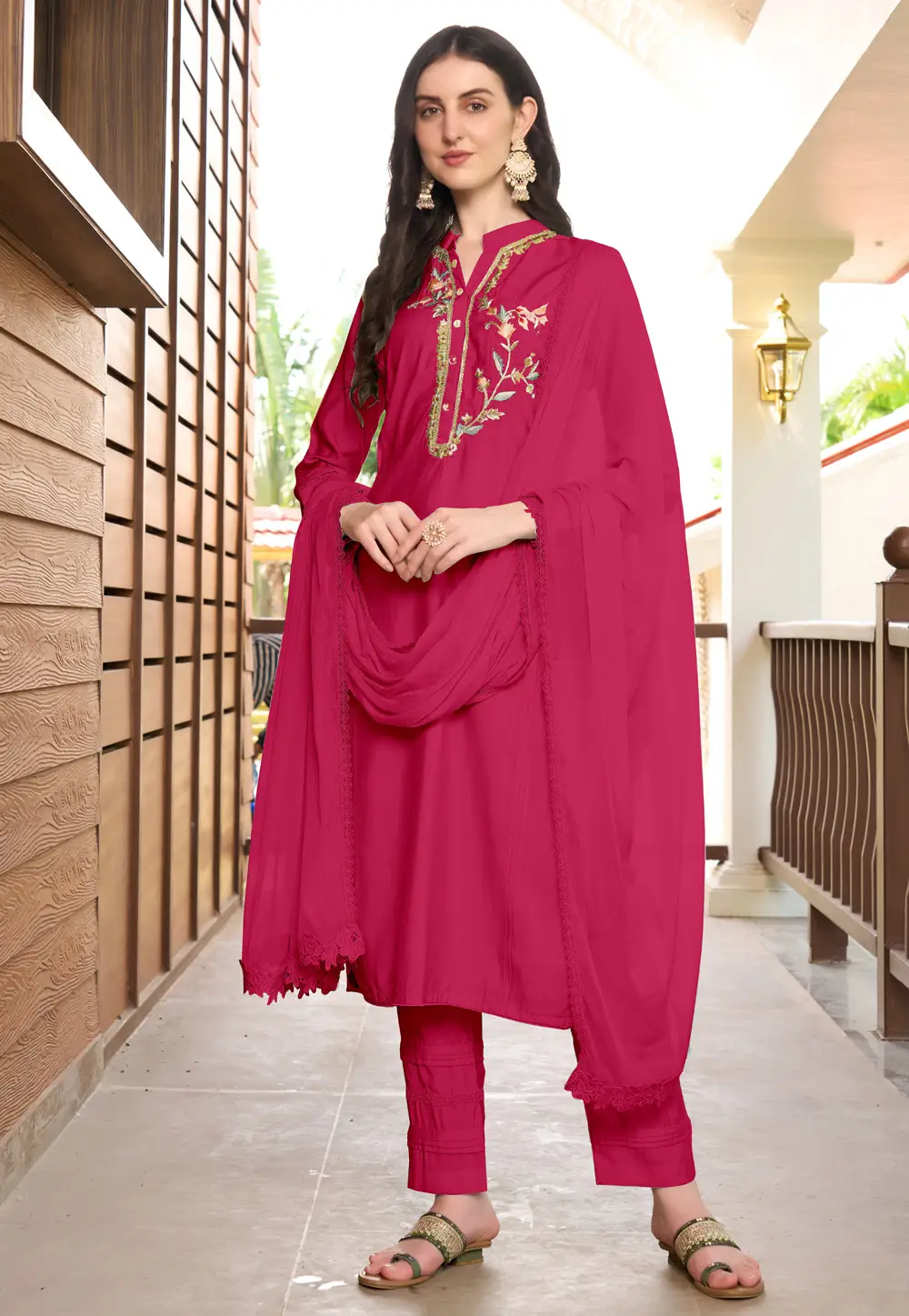 Magenta Art Silk Readymade Pant Style Suit 296771