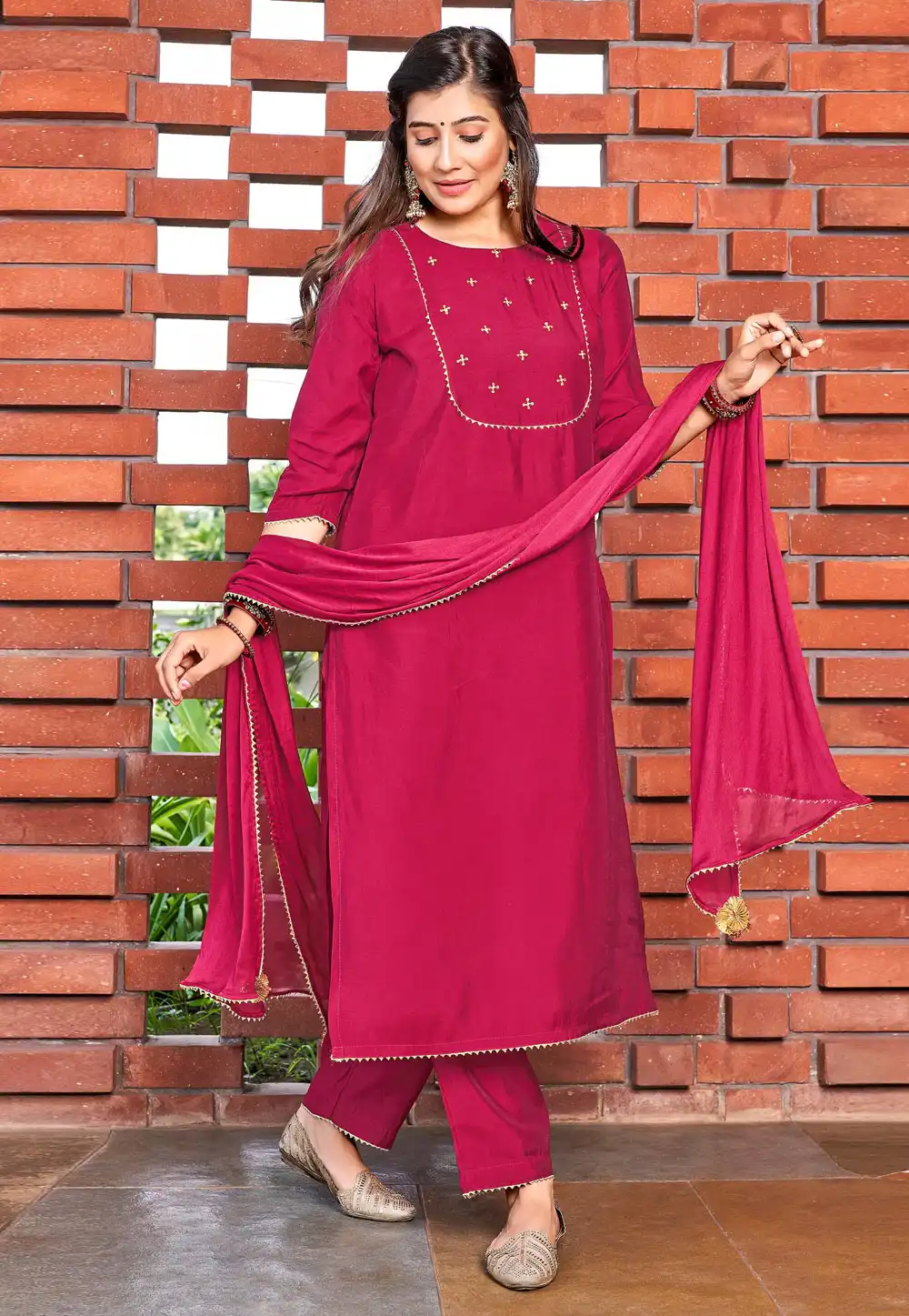 Magenta Art Silk Readymade Pant Style Suit 288371