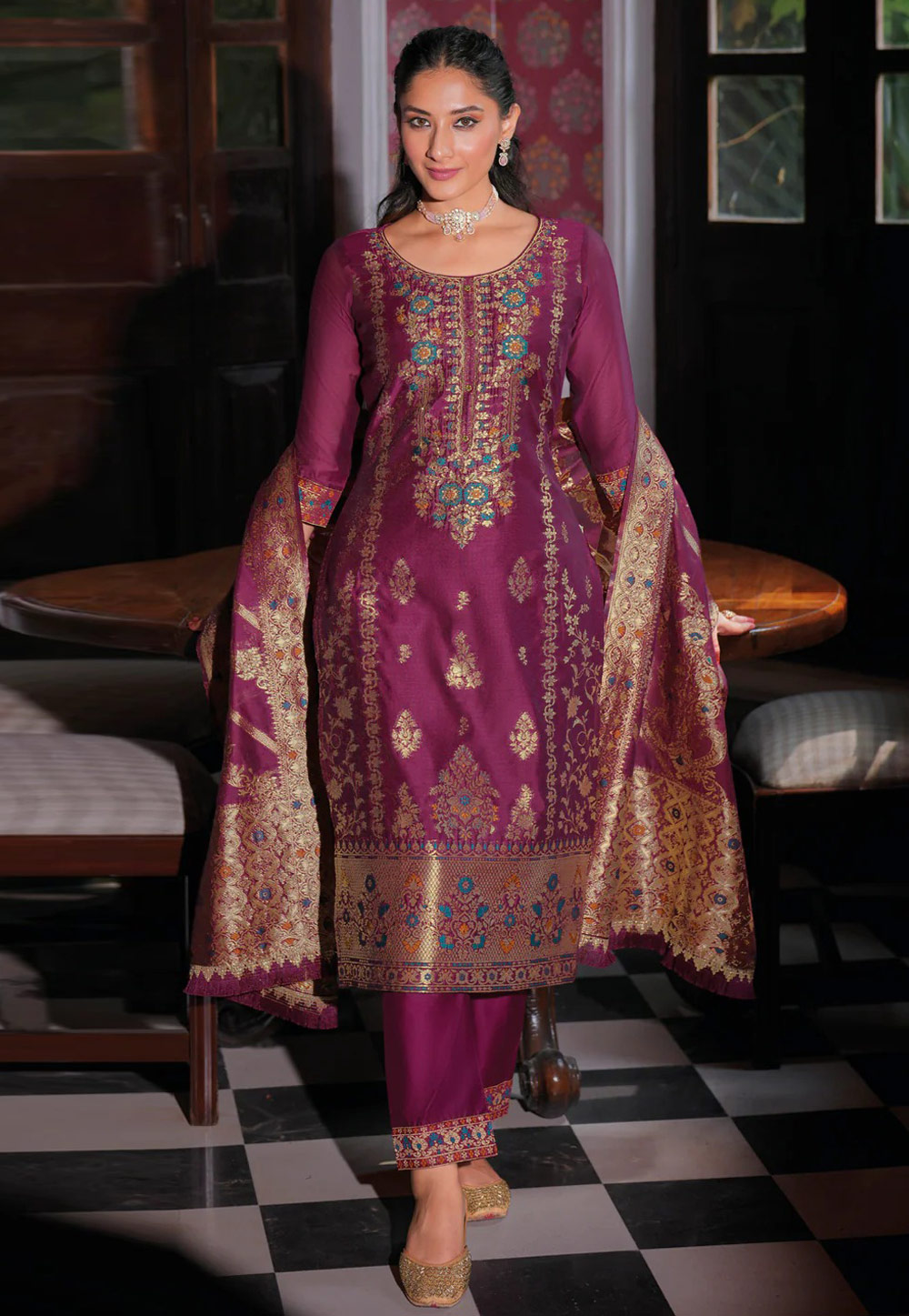 Magenta Banarasi Jacquard Readymade Pant Style Suit 307092