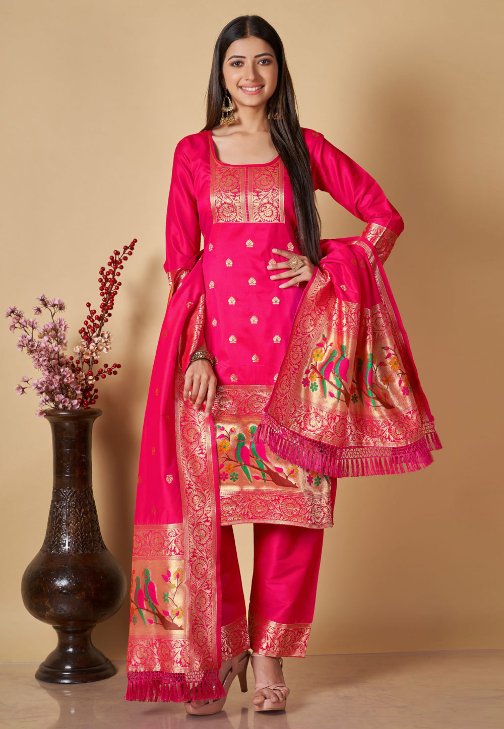 Magenta Banarasi Silk Pant Style Suit 285418