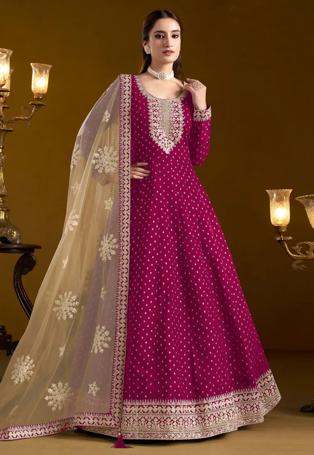 Magenta Chanderi Long Anarkali Suit 297012