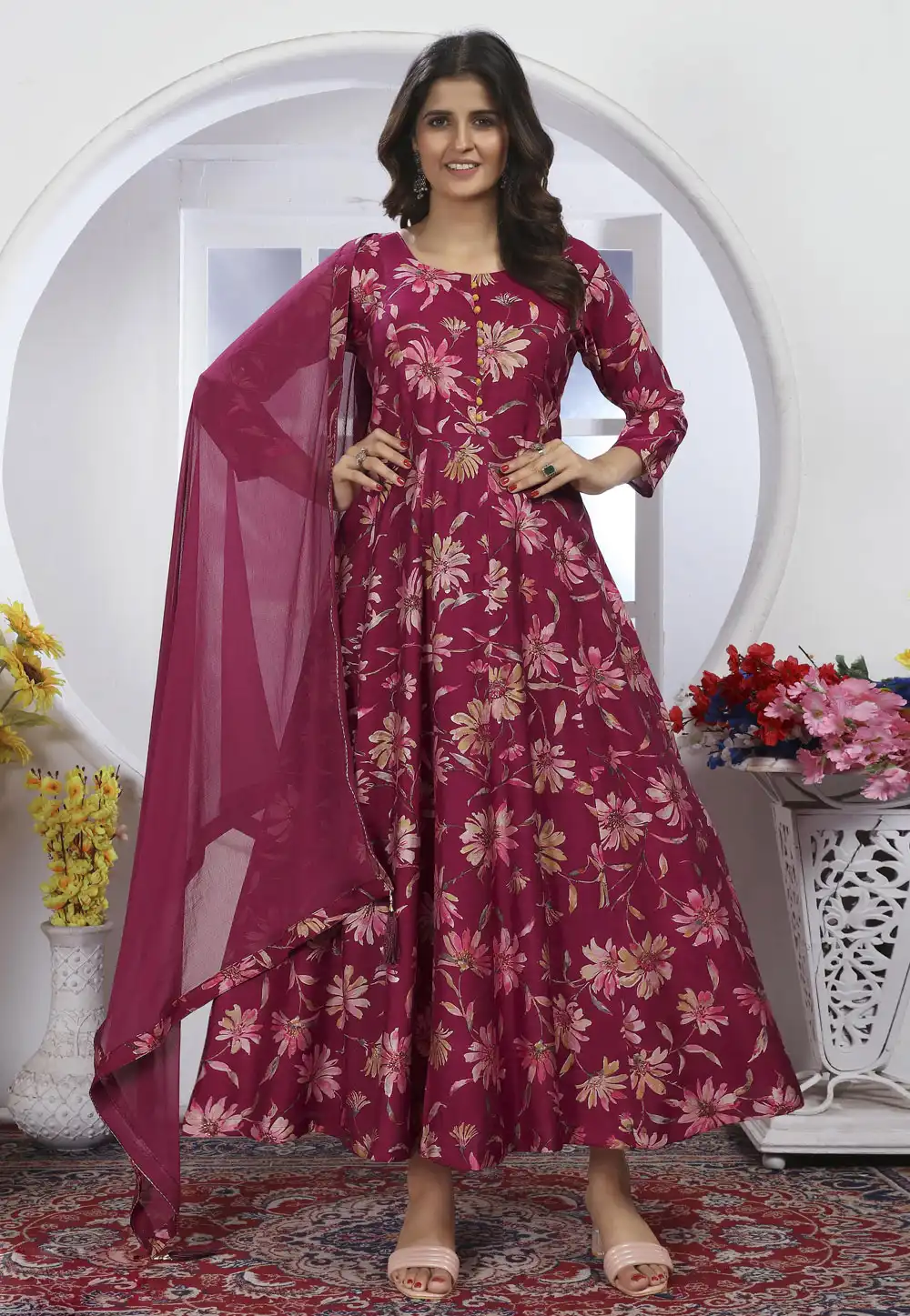 Magenta Chanderi Printed Gown 288378