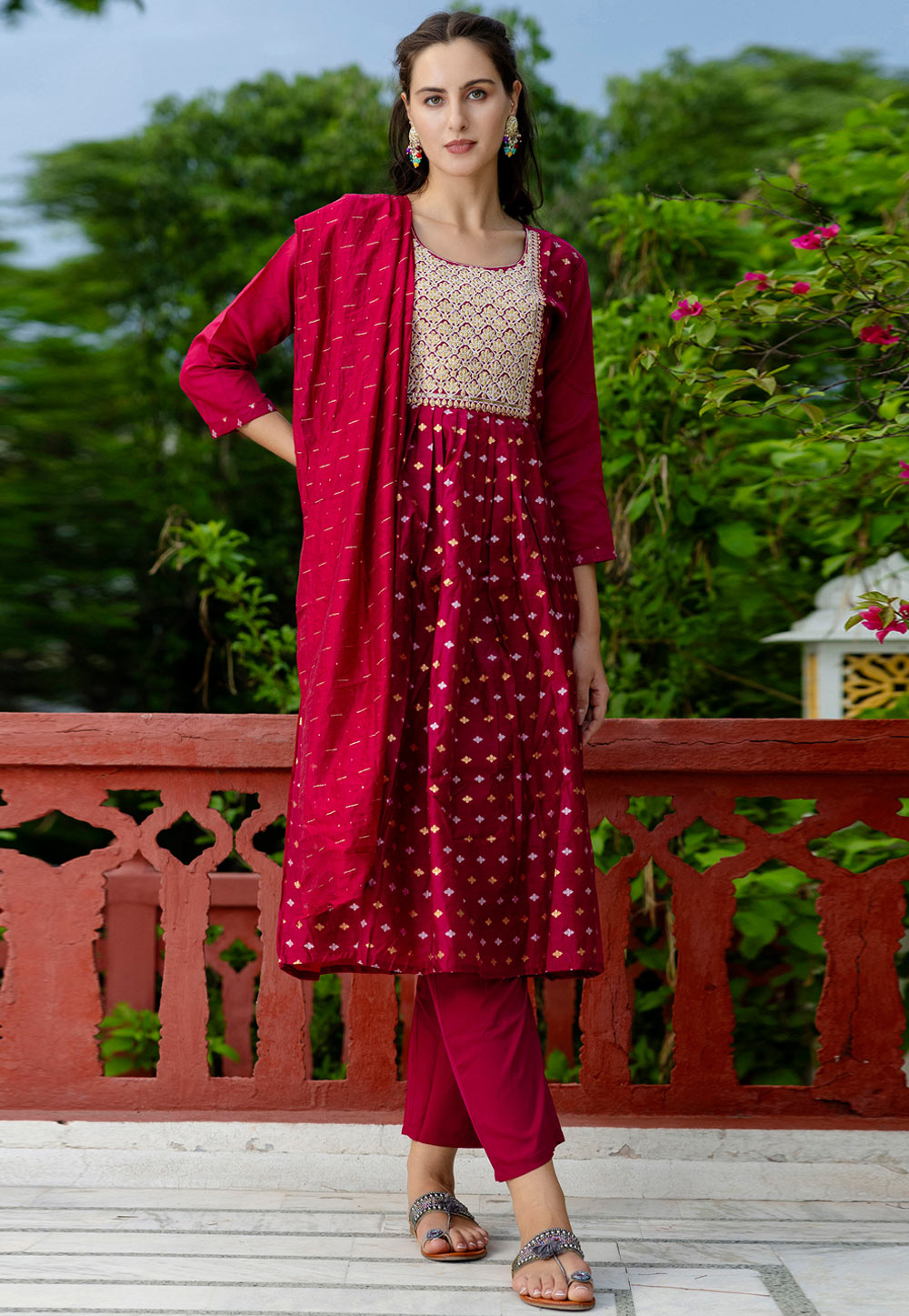 Magenta Chanderi Readymade Anarkali Suit 310201