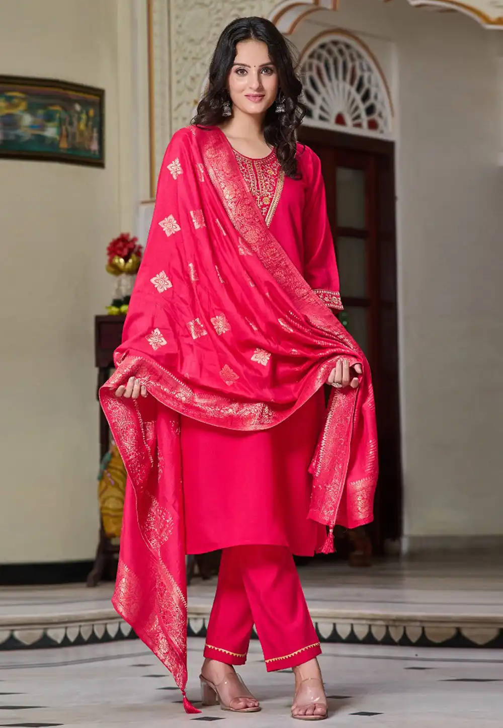 Magenta Chanderi Readymade Pakistani Suit 291503