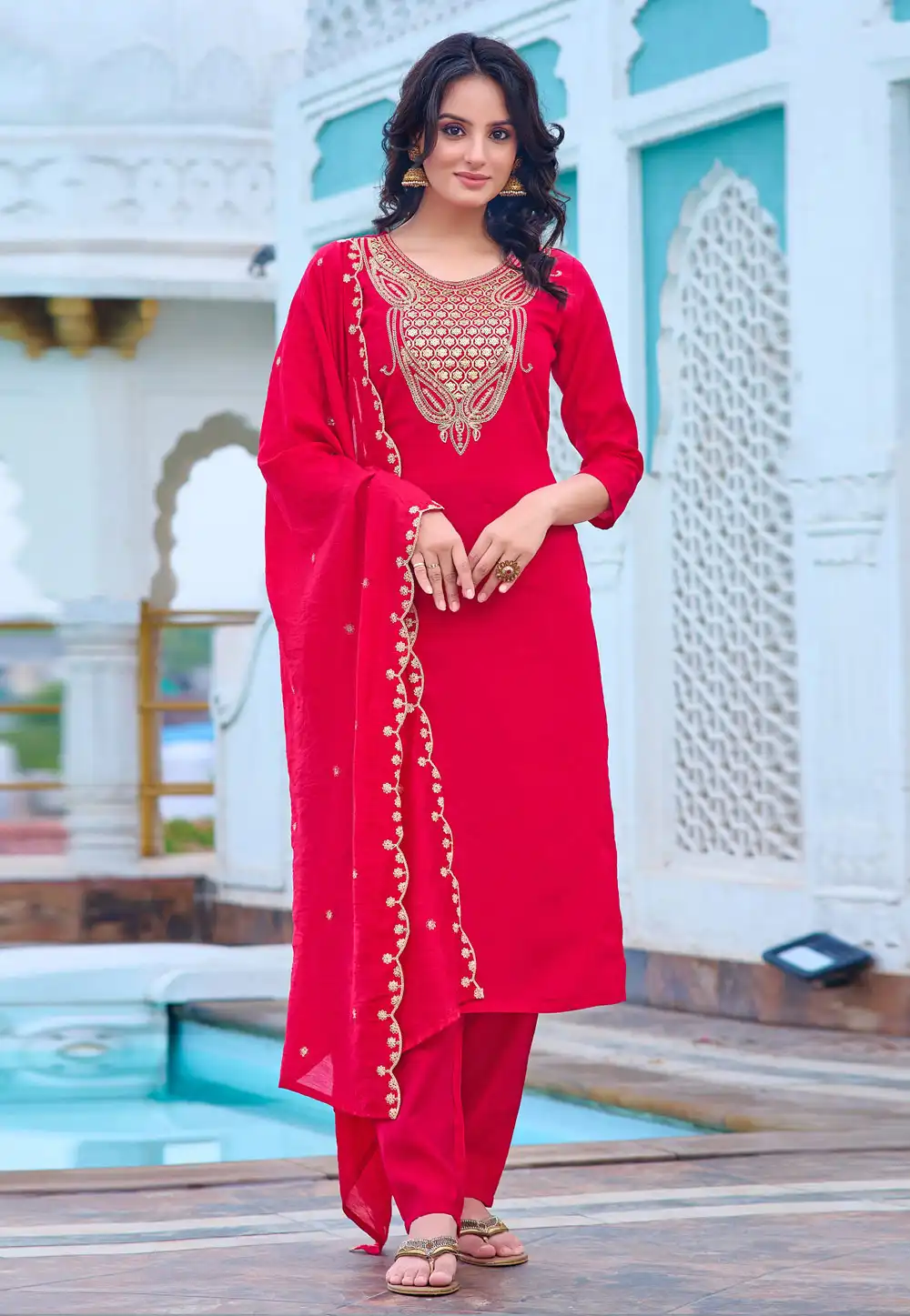 Magenta Chanderi Readymade Pakistani Suit 290523