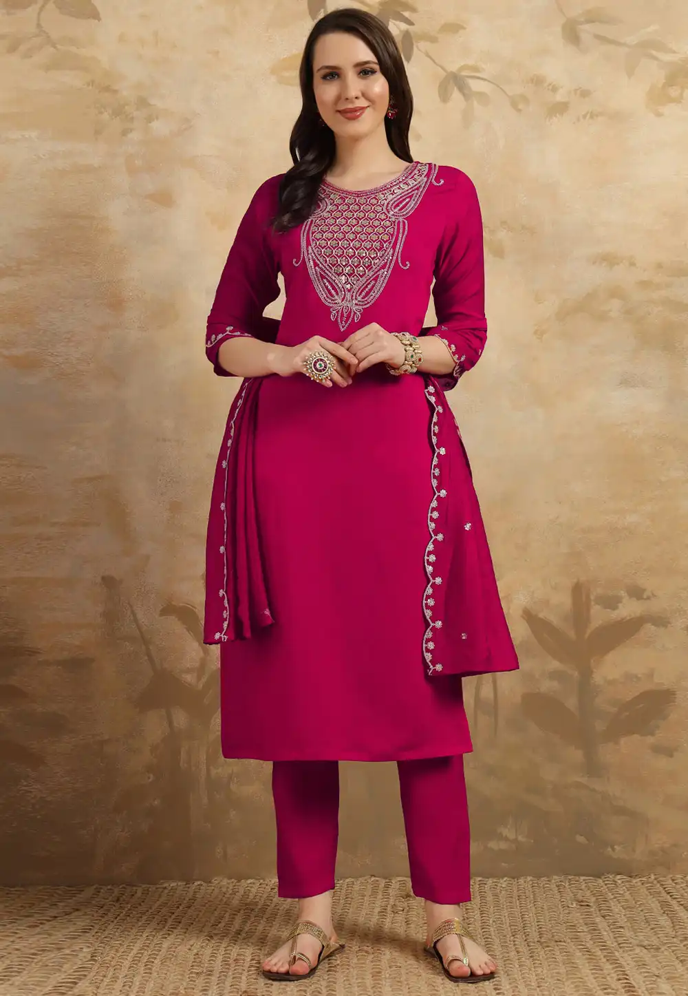 Magenta Chanderi Readymade Pakistani Suit 293841