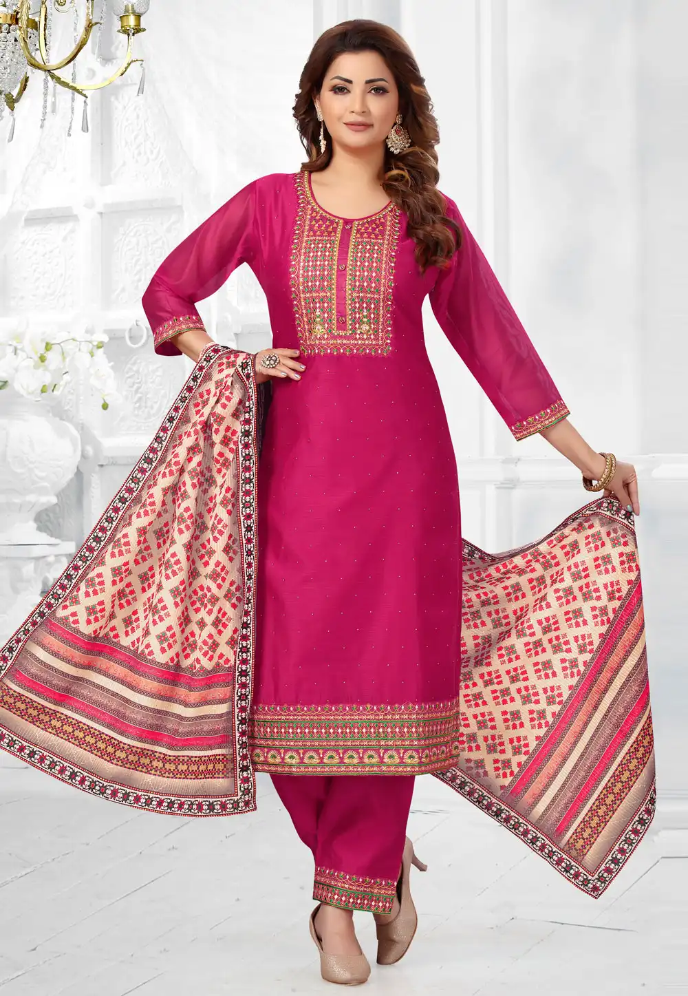 Magenta Chanderi Silk Readymade Pakistani Suit 291408