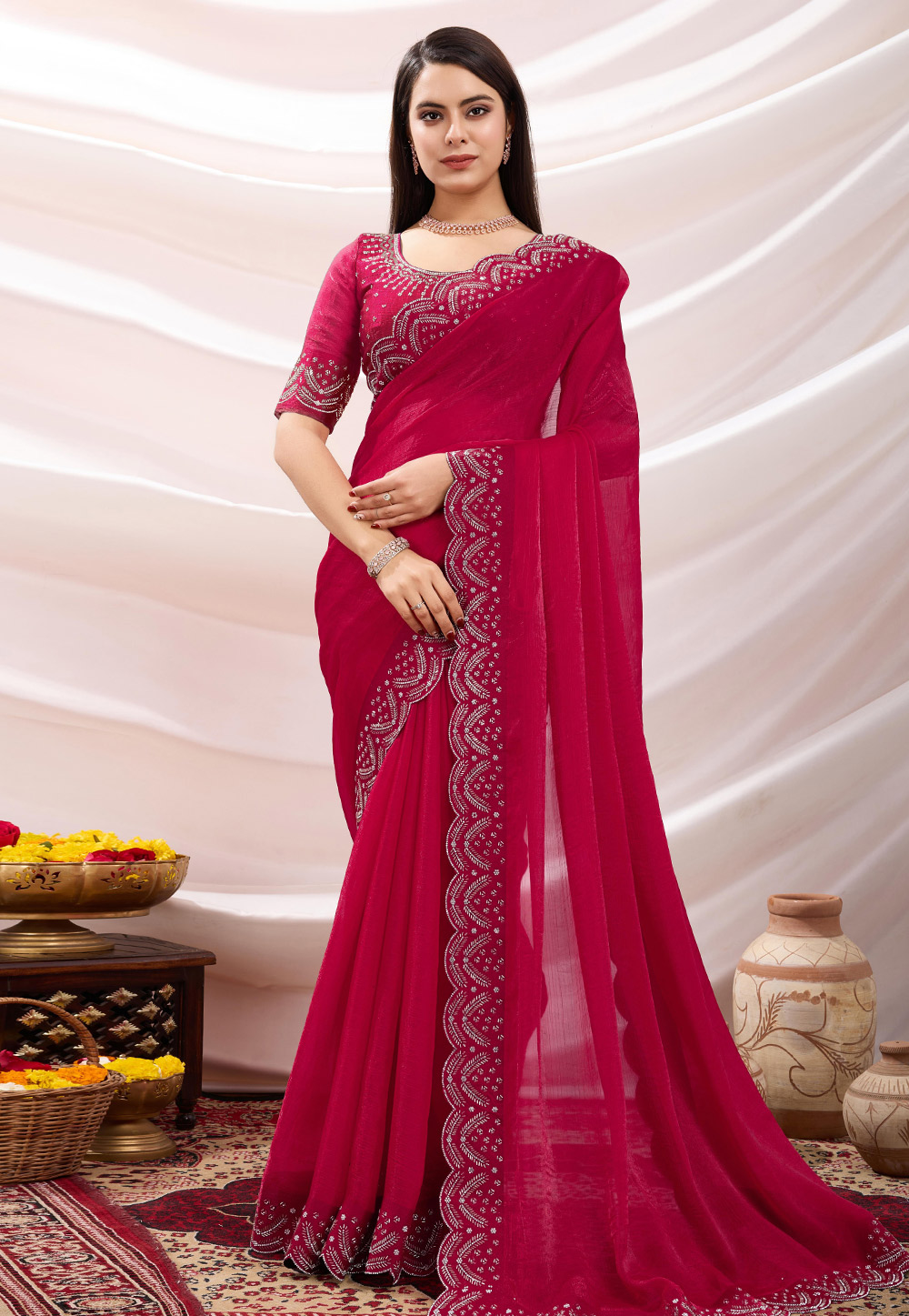 Magenta Chiffon Saree With Blouse 305566