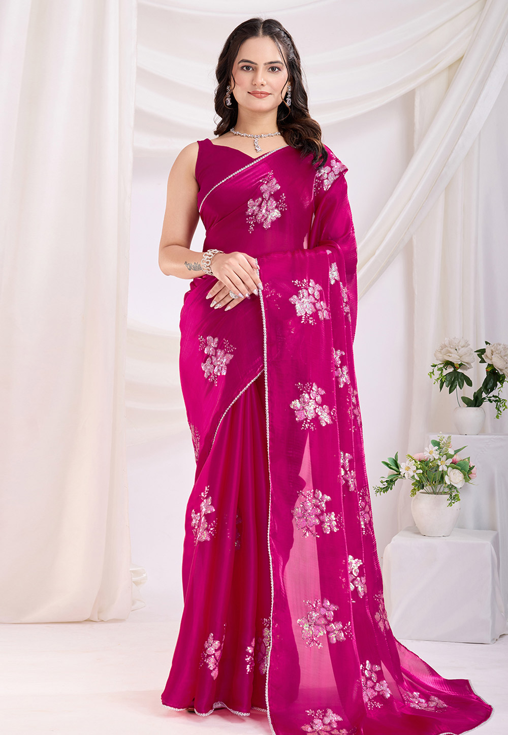 Magenta Chiffon Saree With Blouse 305610