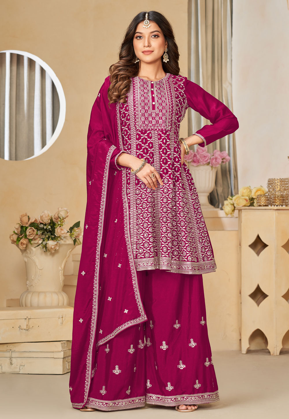 Magenta Chinon Embroidered Pakistani Suit 284343