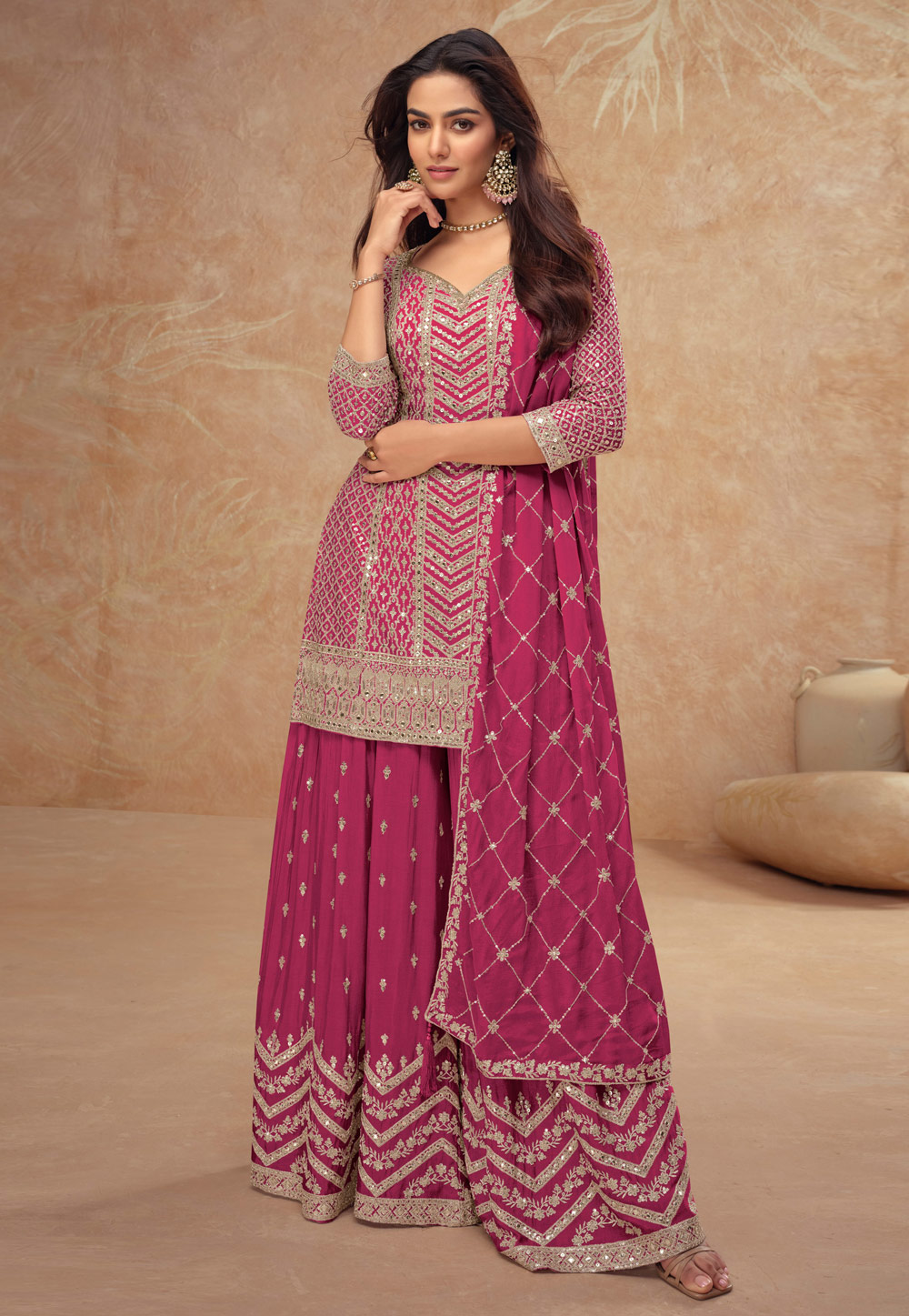 Magenta Chinon Embroidered Pakistani Suit 305710