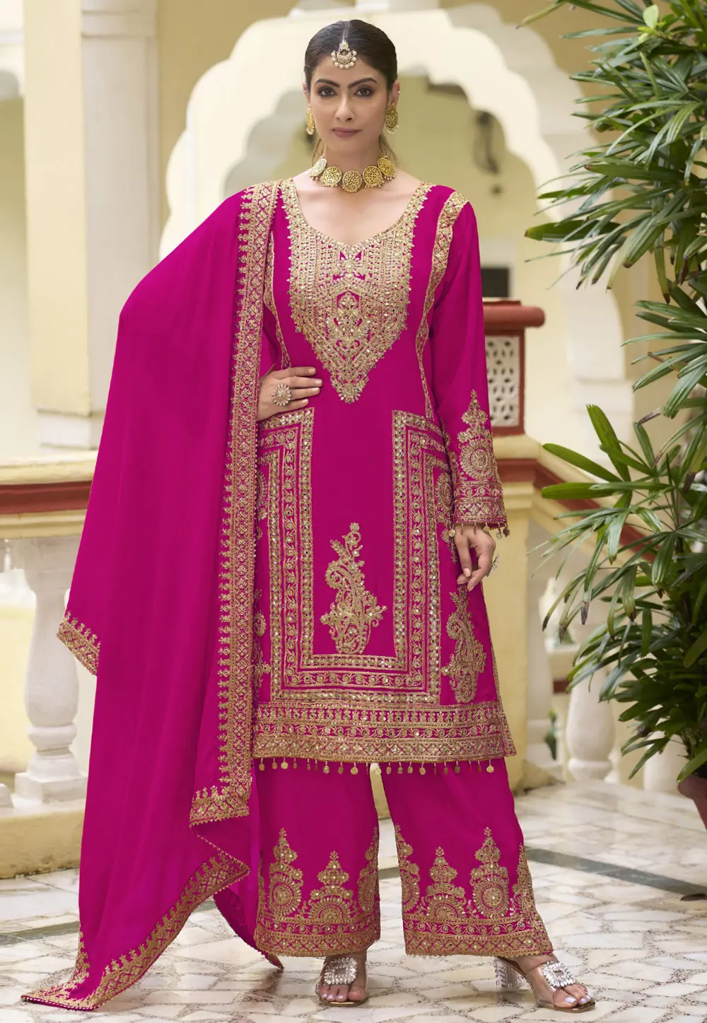 Magenta Chinon Embroidered Palazzo Suit 300889