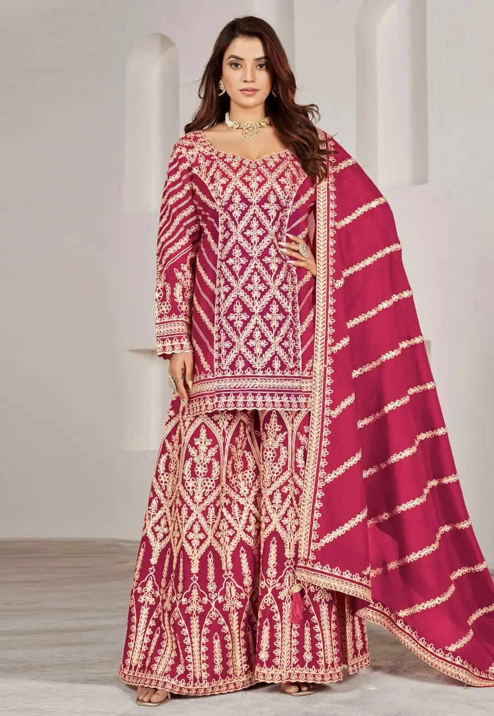 Magenta Chinon Embroidered Palazzo Suit 293851