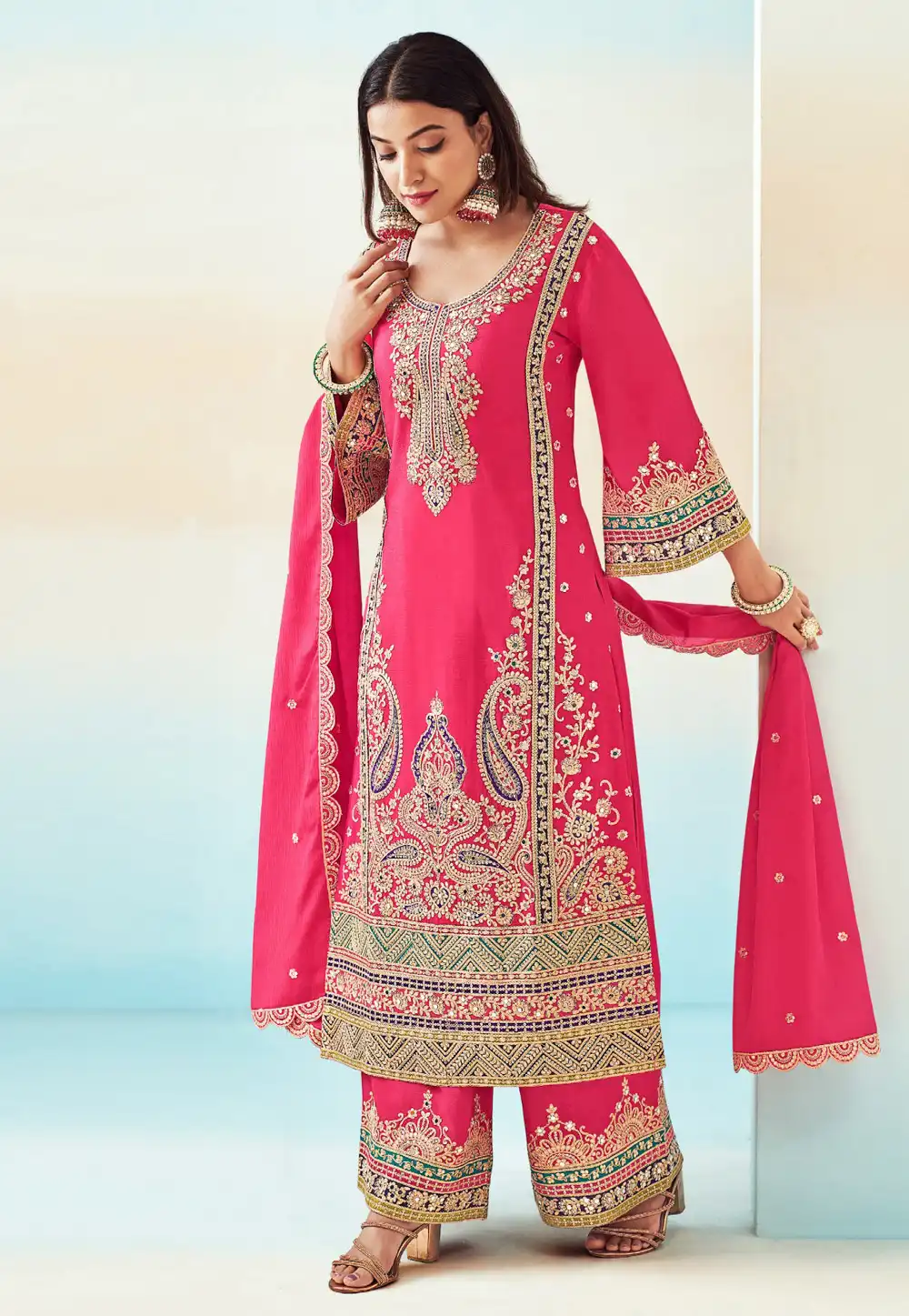 Magenta Chinon Embroidered Palazzo Suit 290798