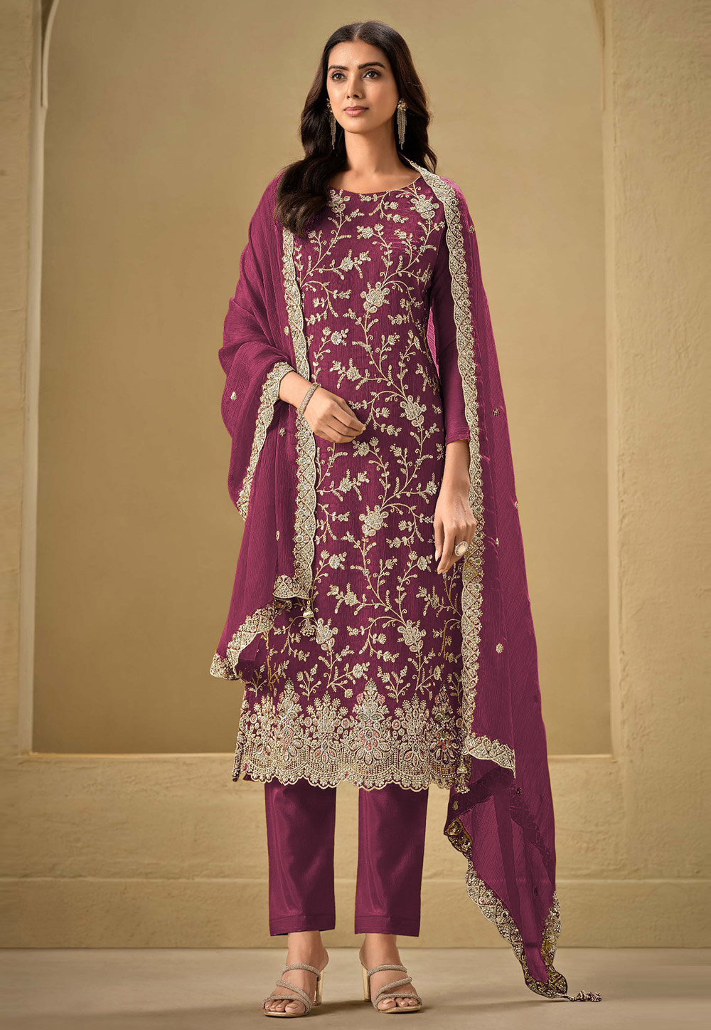 Magenta Chinon Embroidered Pant Style Suit 305313