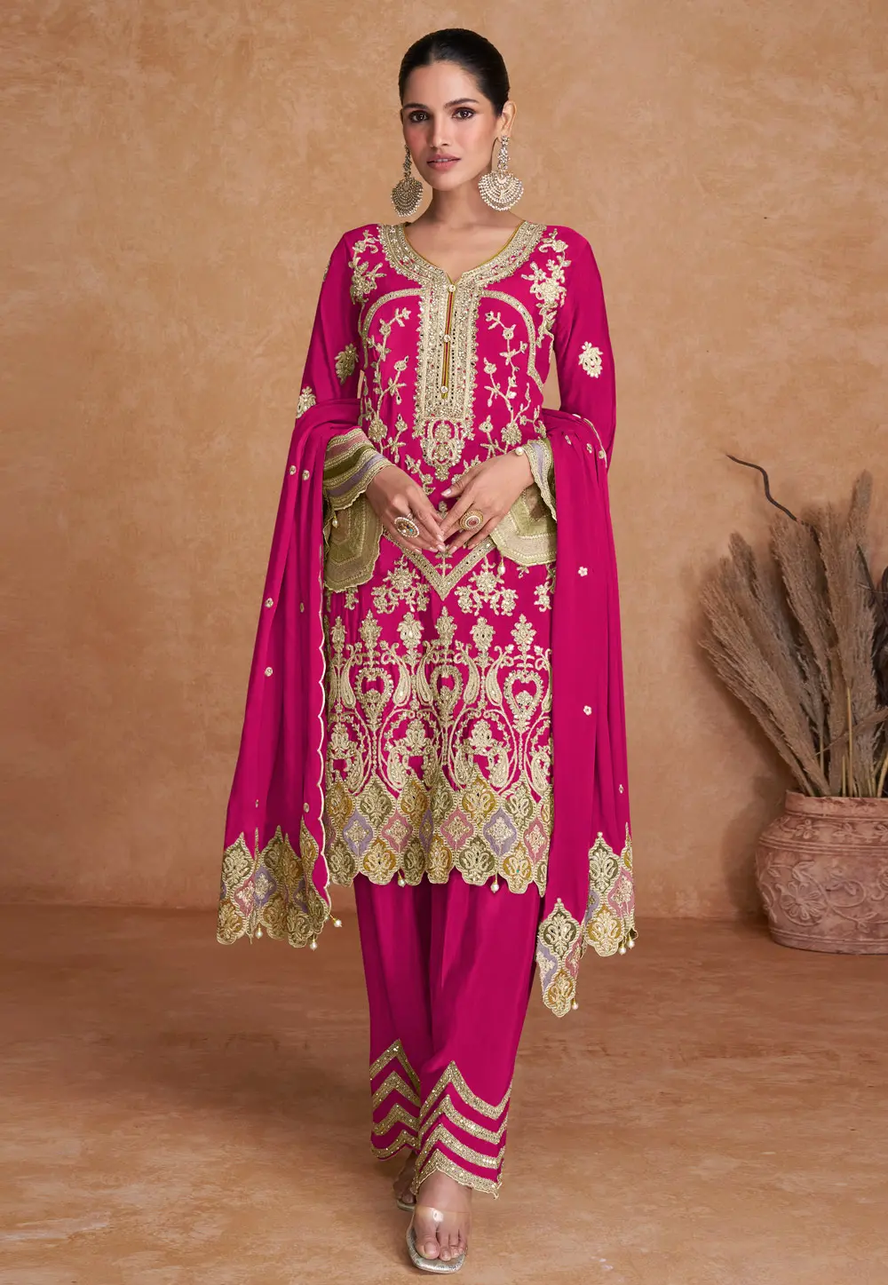 Magenta Chinon Embroidered Pant Style Suit 297573