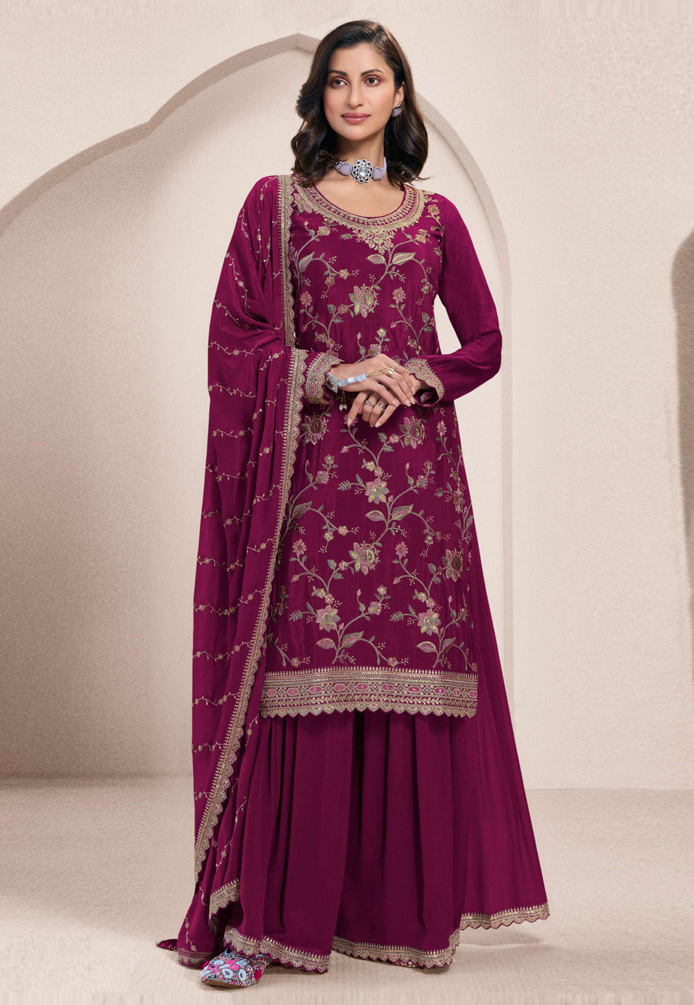 Magenta Chinon Embroidered Sharara Suit 305559