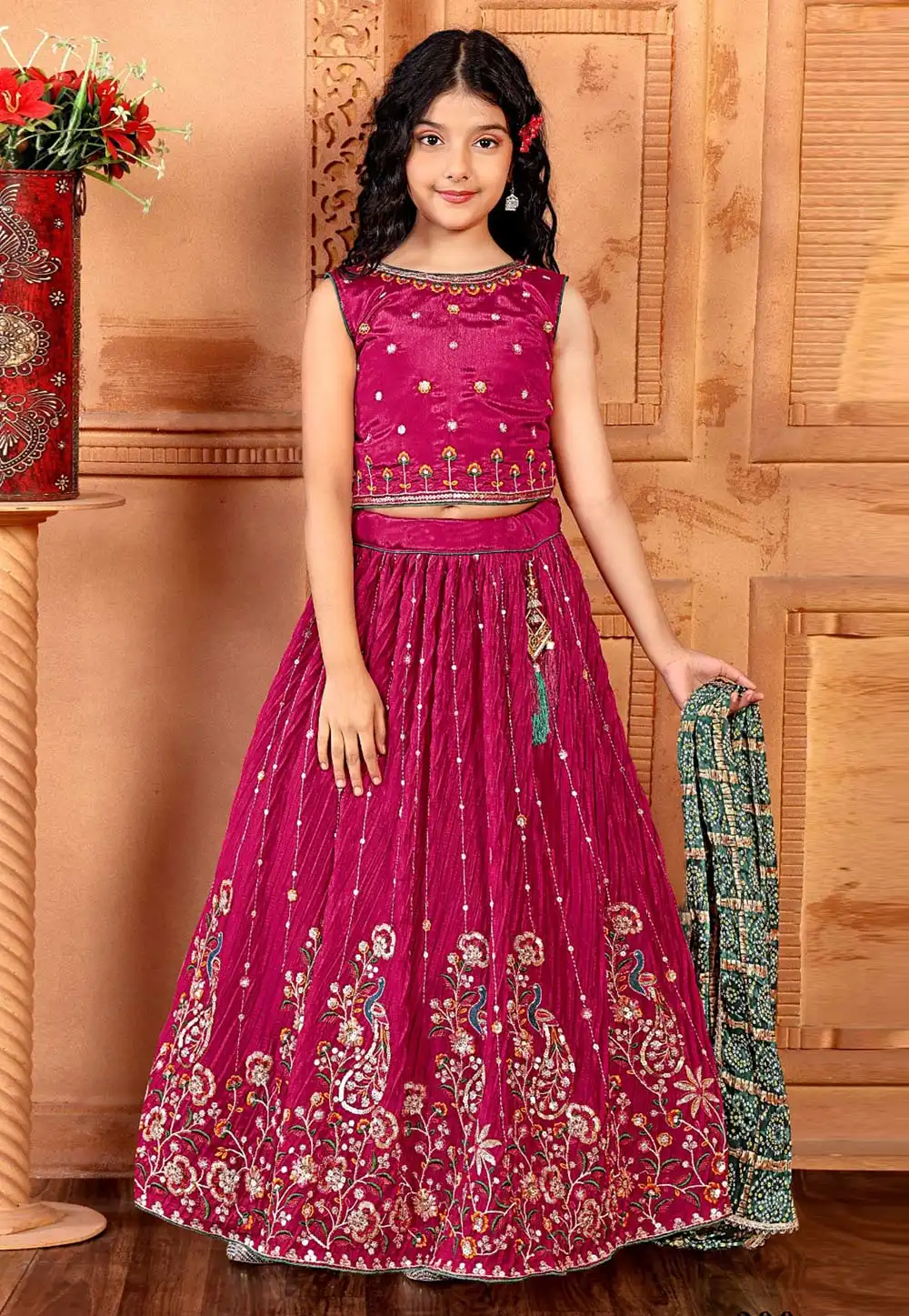 Magenta Chinon Kids Lehenga Choli 293895