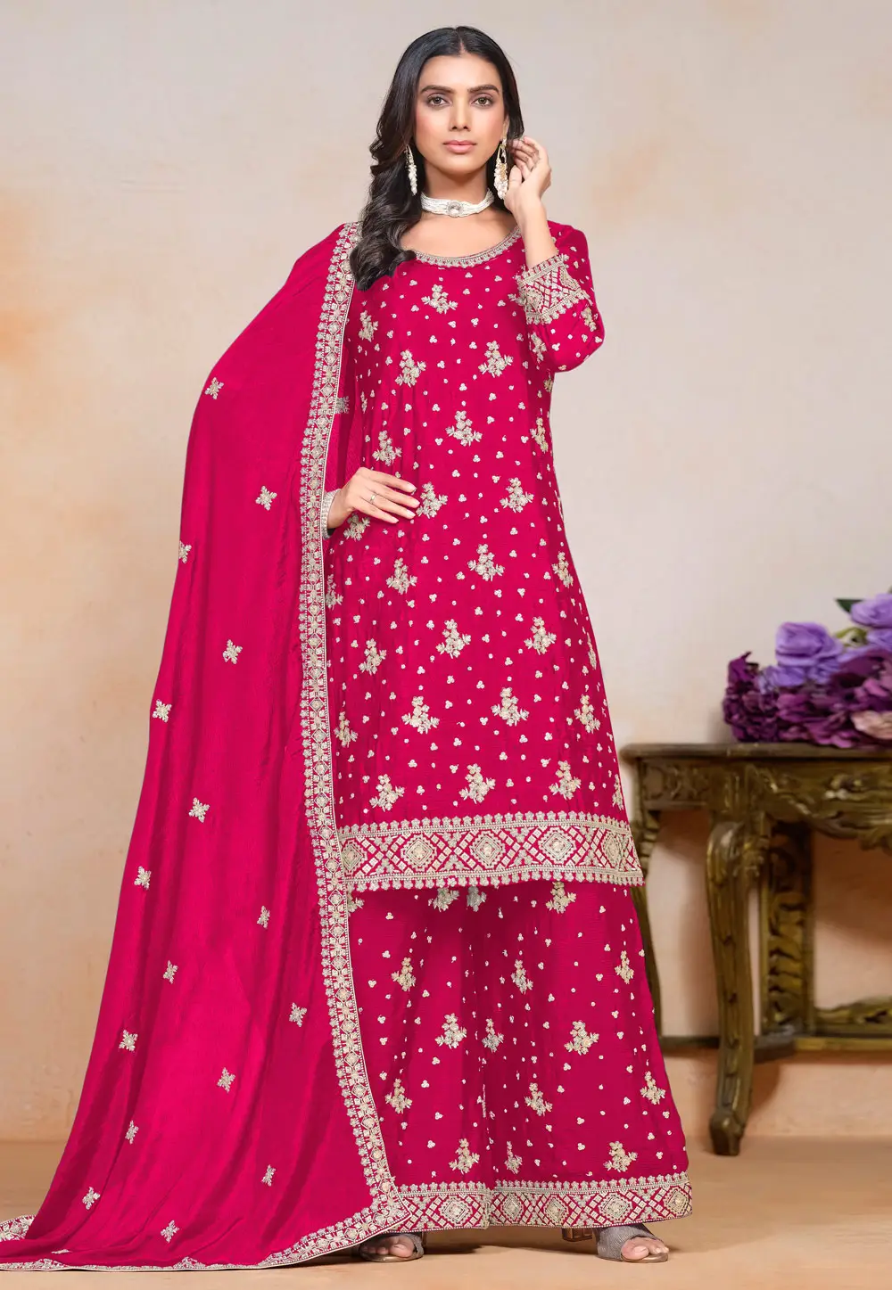 Magenta Chinon Pakistani Suit 295573