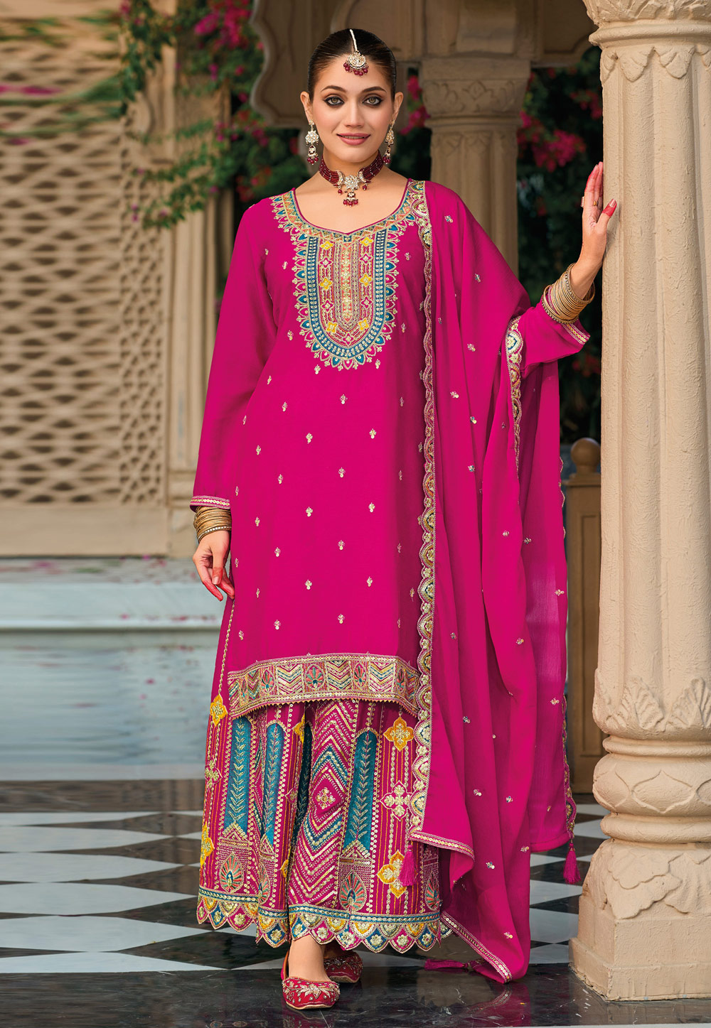 Magenta Chinon Palazzo Suit 309590
