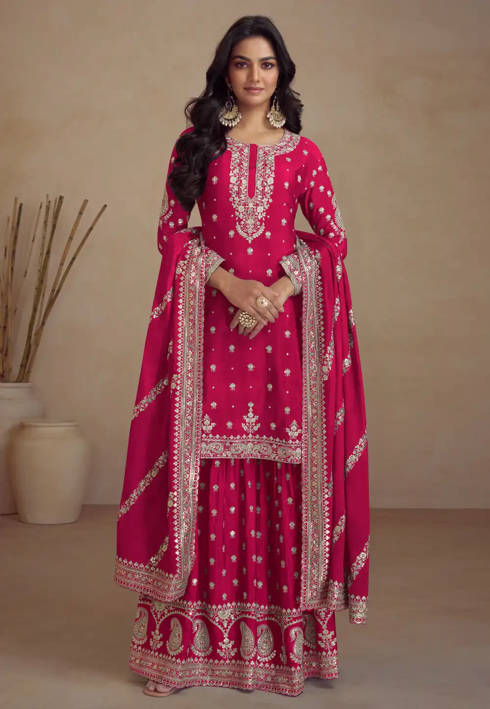 Magenta Chinon Palazzo Suit 292335