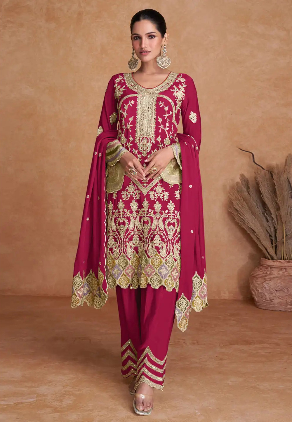 Magenta Chinon Pant Style Suit 292149