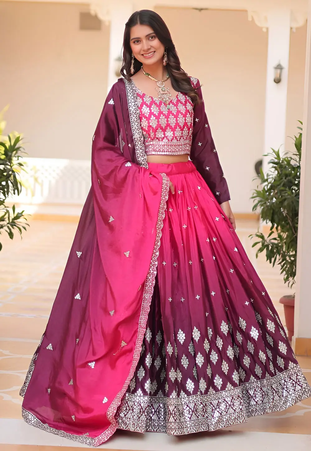 Magenta Chinon Readymade Lehenga Choli 301632