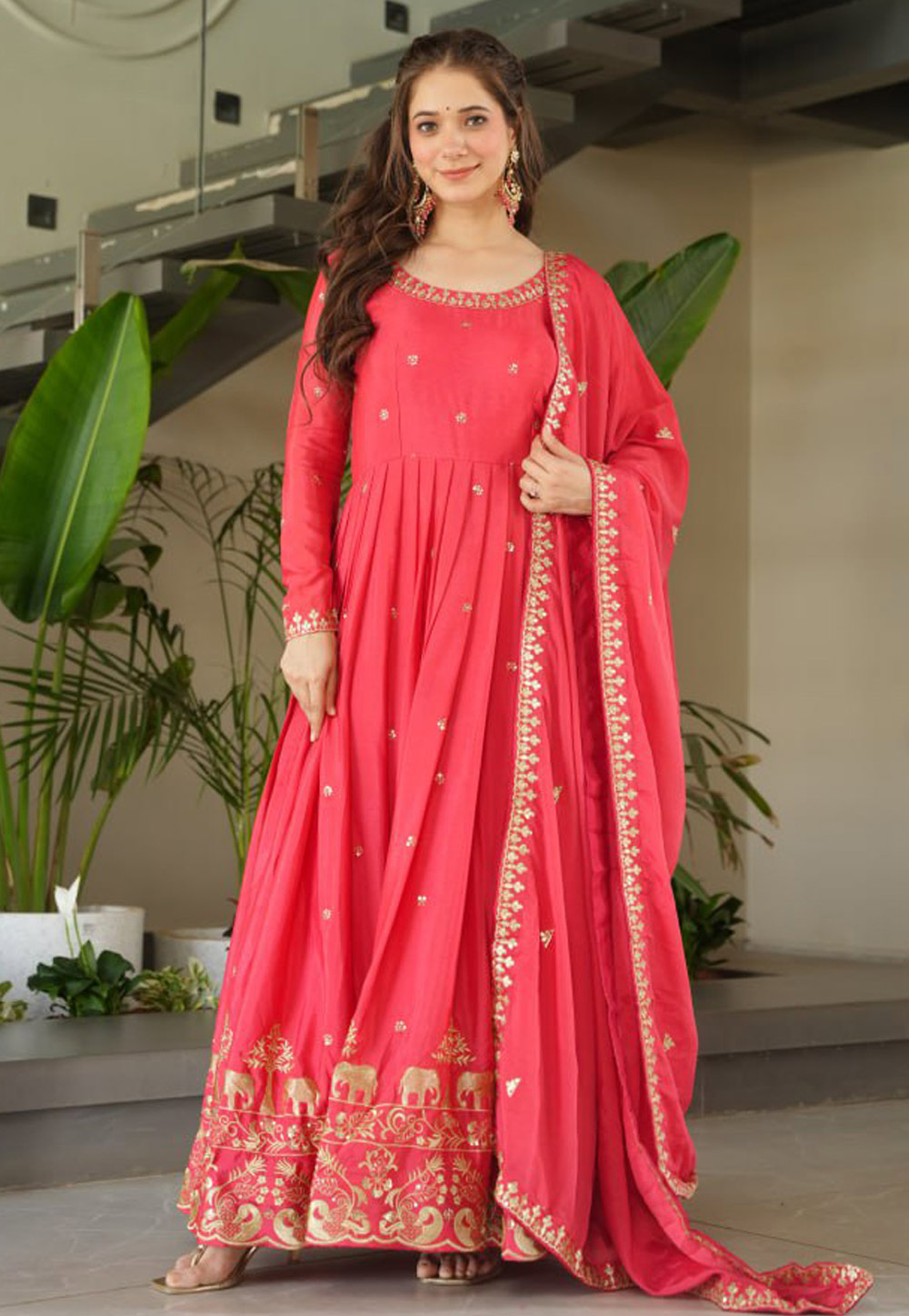 Magenta Chinon Readymade Long Anarkali Suit 309529
