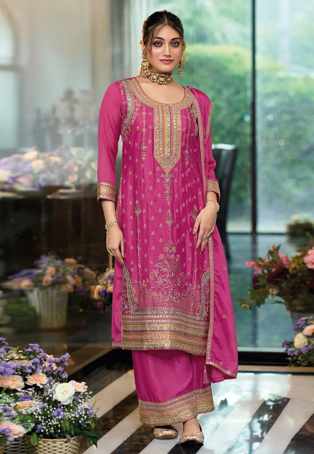 Magenta Chinon Readymade Pakistani Suit 299535