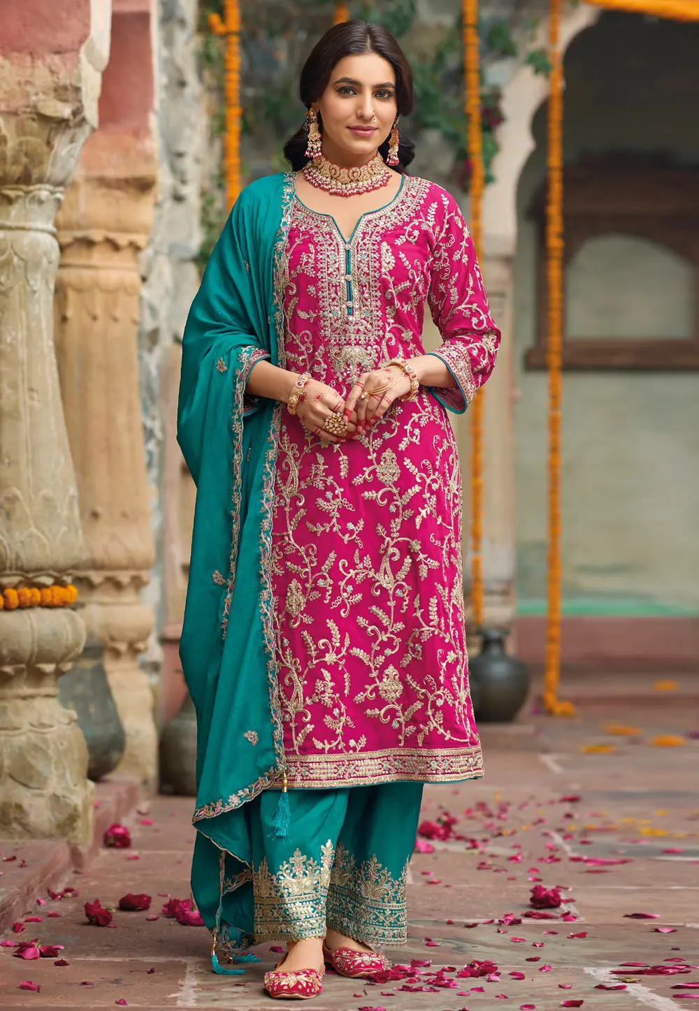 Magenta Chinon Readymade Pakistani Suit 303511