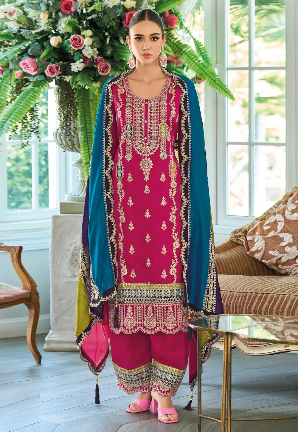 Magenta Chinon Readymade Palazzo Suit 295194