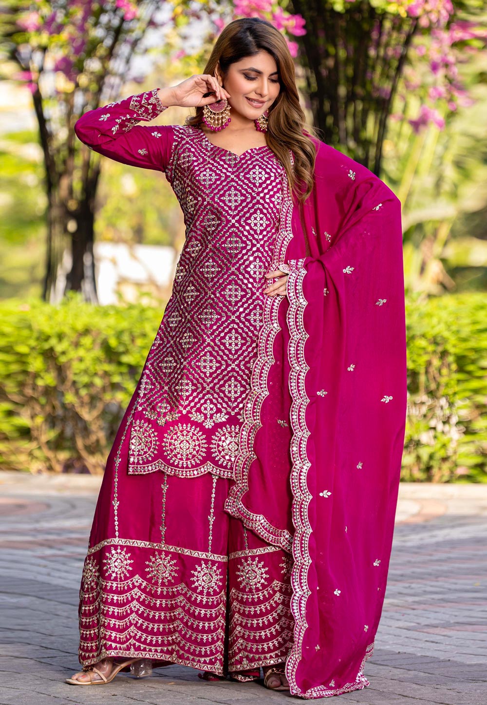 Magenta Chinon Readymade Palazzo Suit 309209