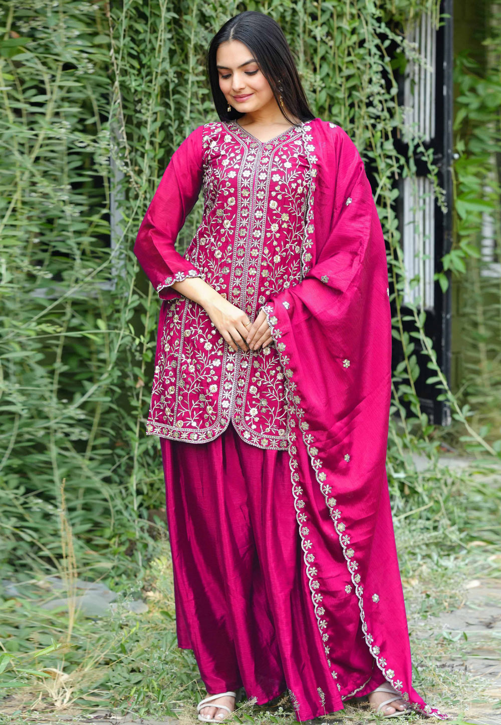 Magenta Chinon Readymade Palazzo Suit 309211
