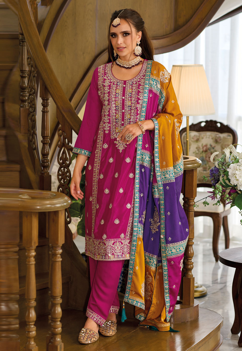 Magenta Chinon Readymade Pant Style Suit 283462