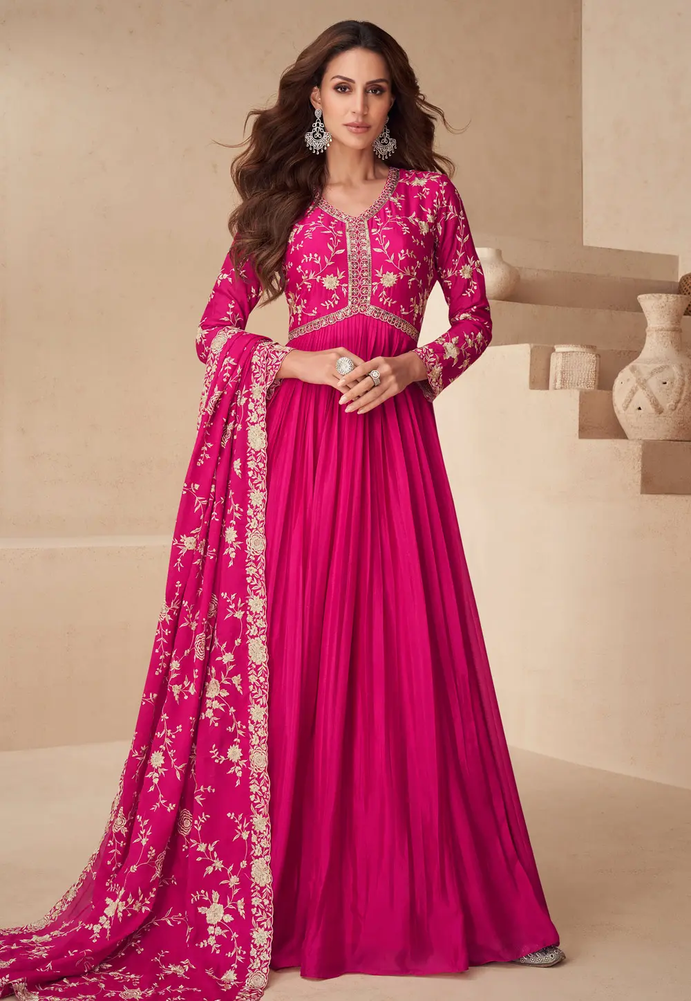 Magenta Chinon Silk Long Anarkali Suit 298534