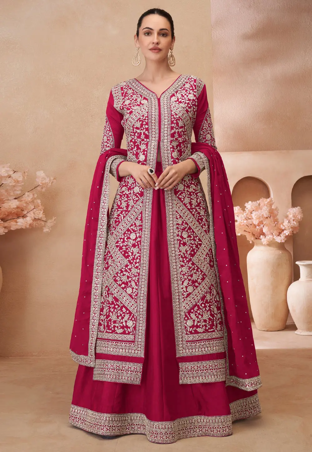 Magenta Chinon Silk Long Choli Lehenga 303684