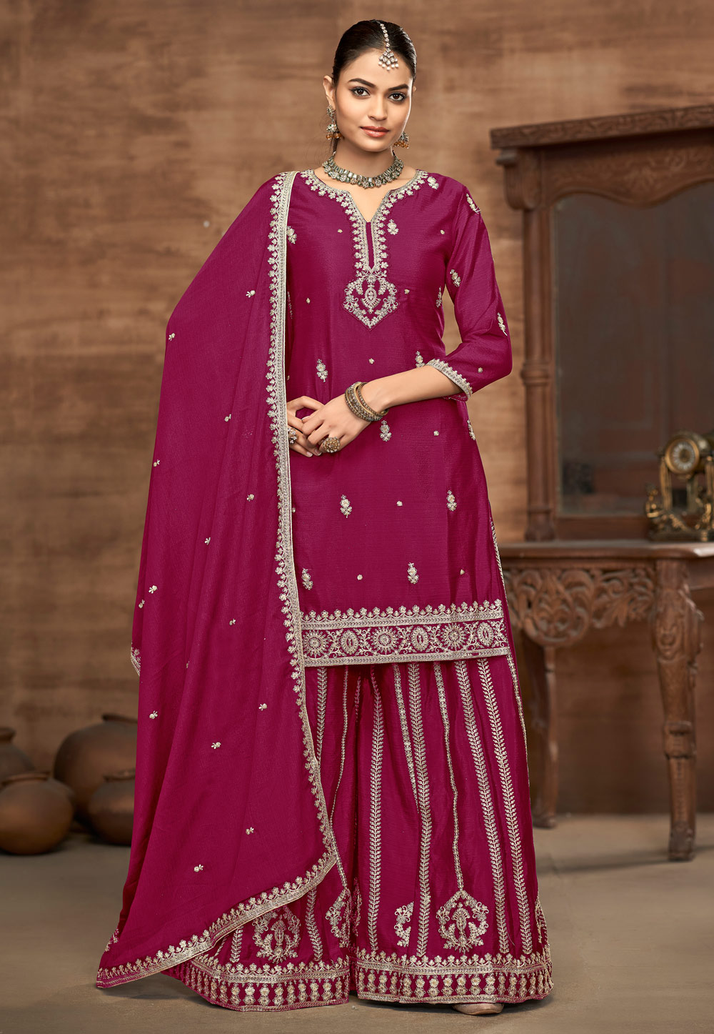 Magenta Chinon Silk Pakistani Palazzo Suit 309205
